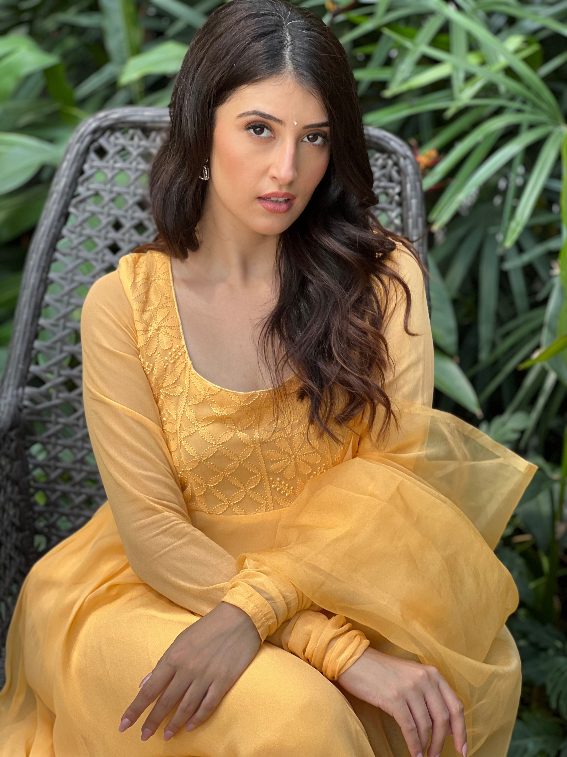 Candy Yellow Chikankari Anarkali (set of 3)