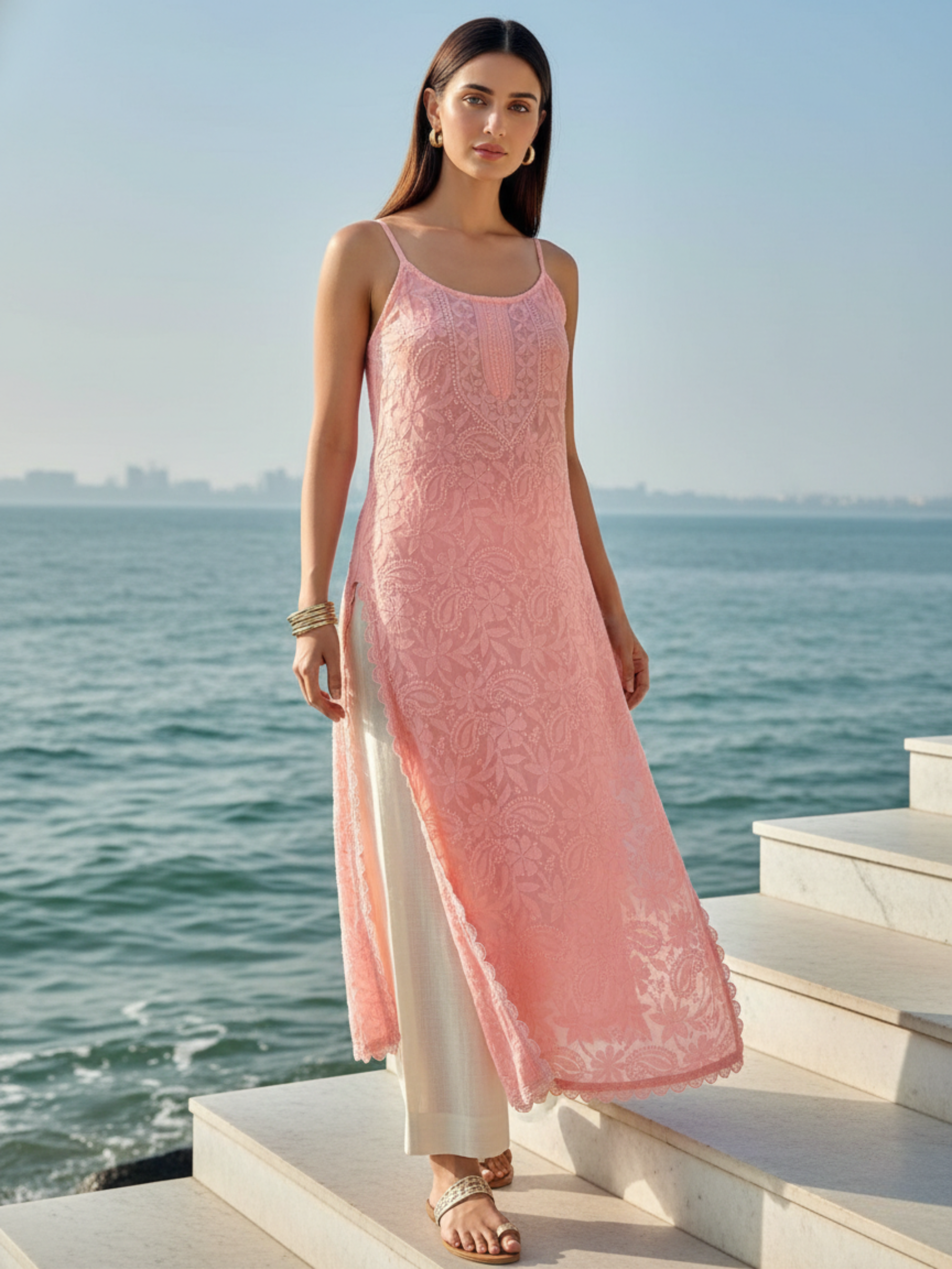 Soft Coral Chikankari & Lace Sleeveless Kurta