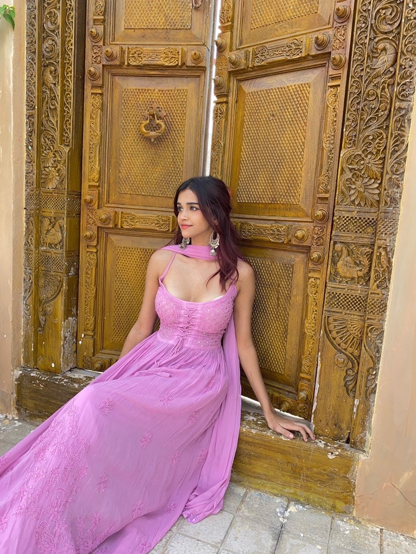 Rose Mauve Strappy Chikankari Anarkali Set