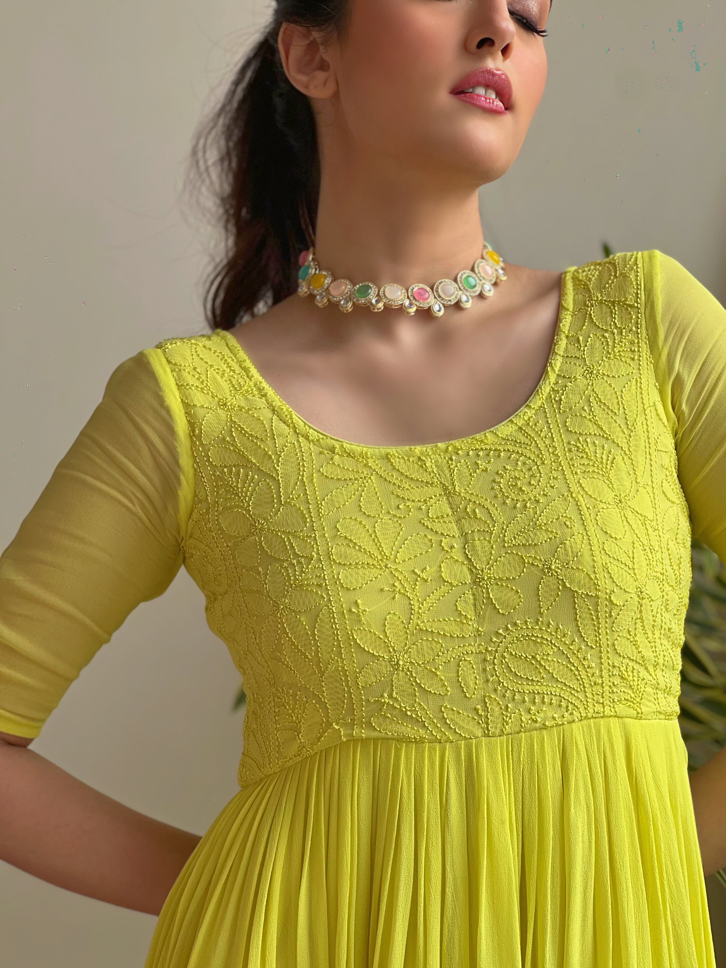 Lime green Chikankari Gown (Set of 1) – Shop Label Aishwaryrika