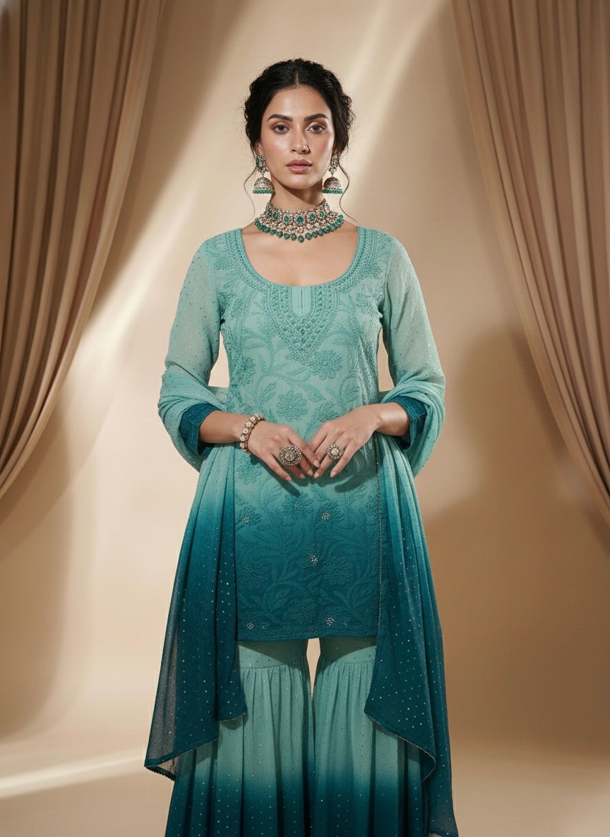 Turquoise & Teal Mukaish Gharara Short Kurta Set (Set of 3)