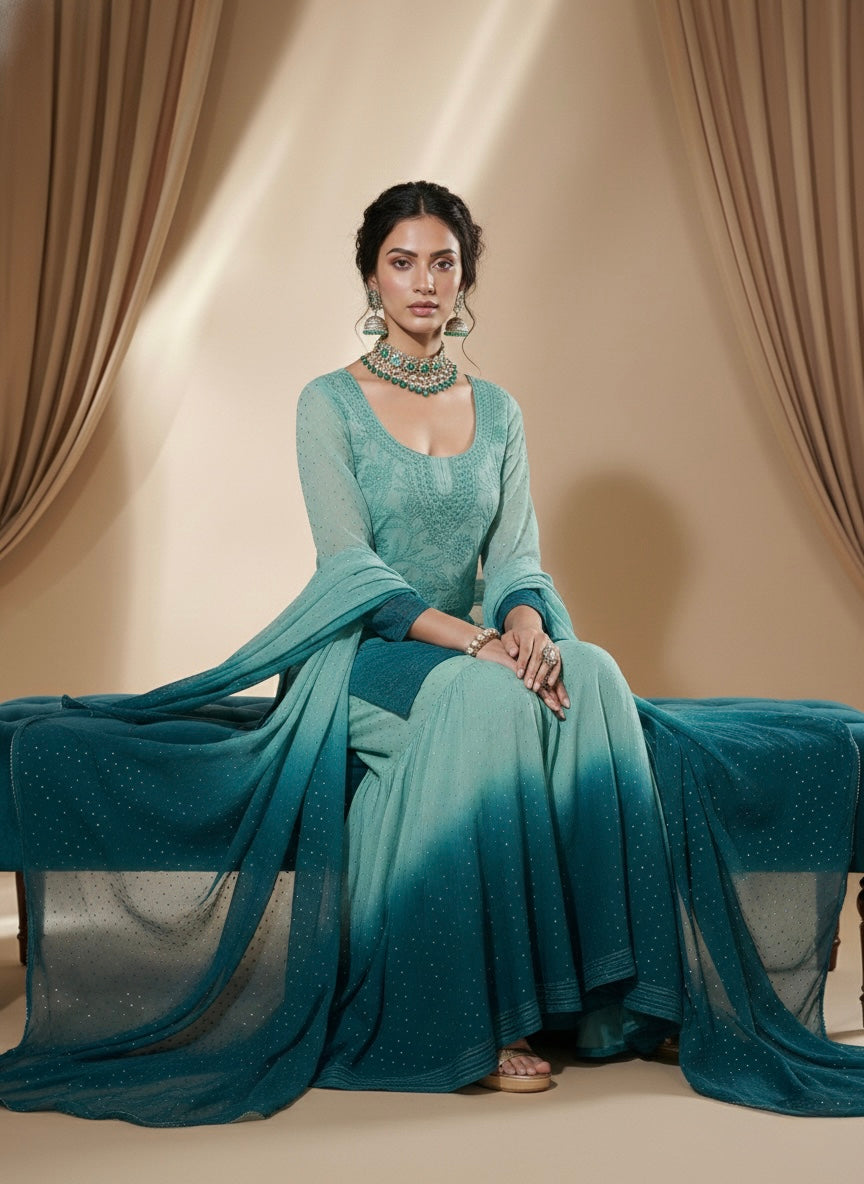 Turquoise & Teal Mukaish Gharara Short Kurta Set (Set of 3)