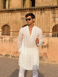 Orion White Mens Chikankari Hand-embroidered Kurta
