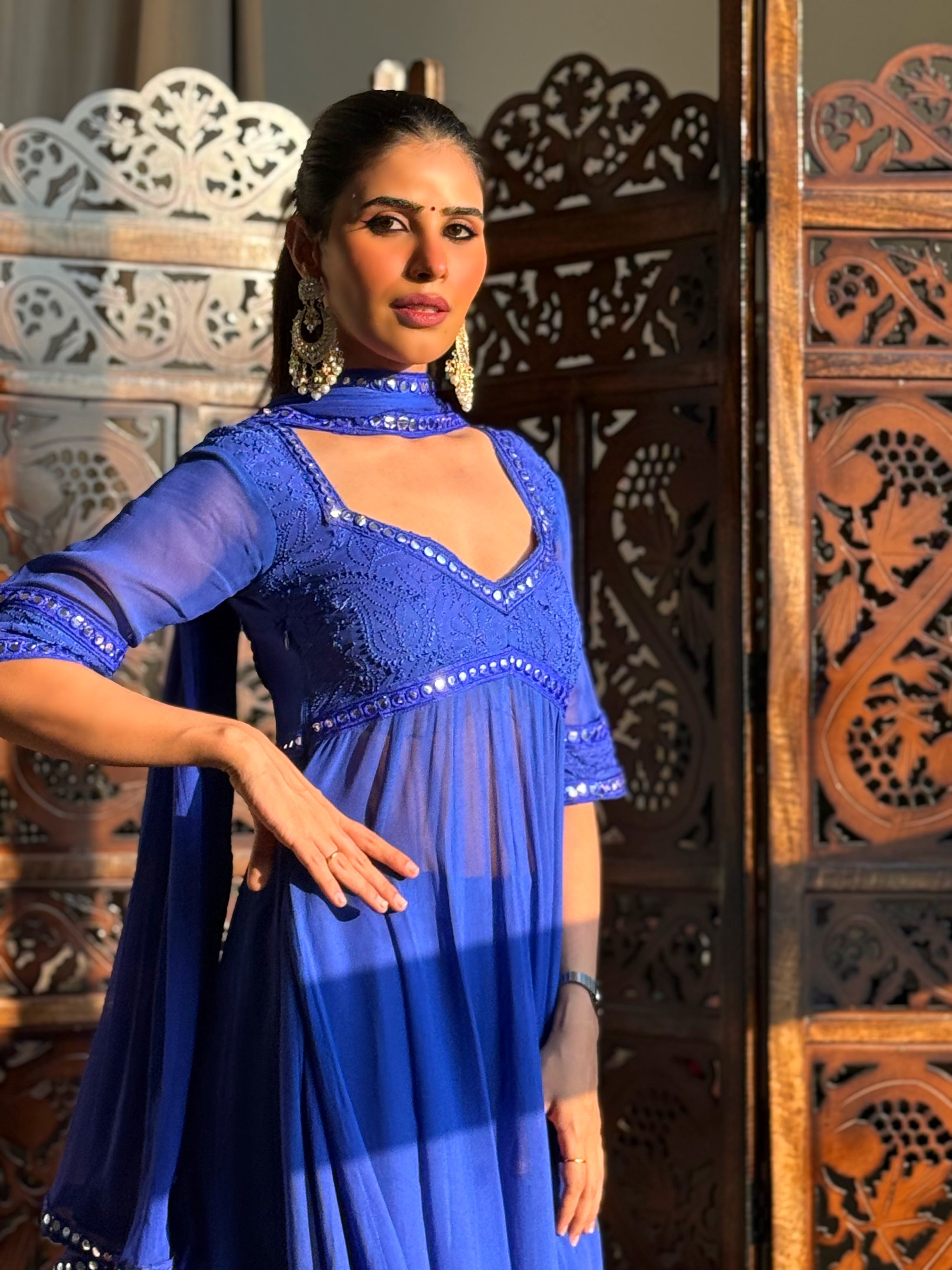 Celestial Sapphire Chikankari & Mirror work Anarkali Kurta Set (set of 3)