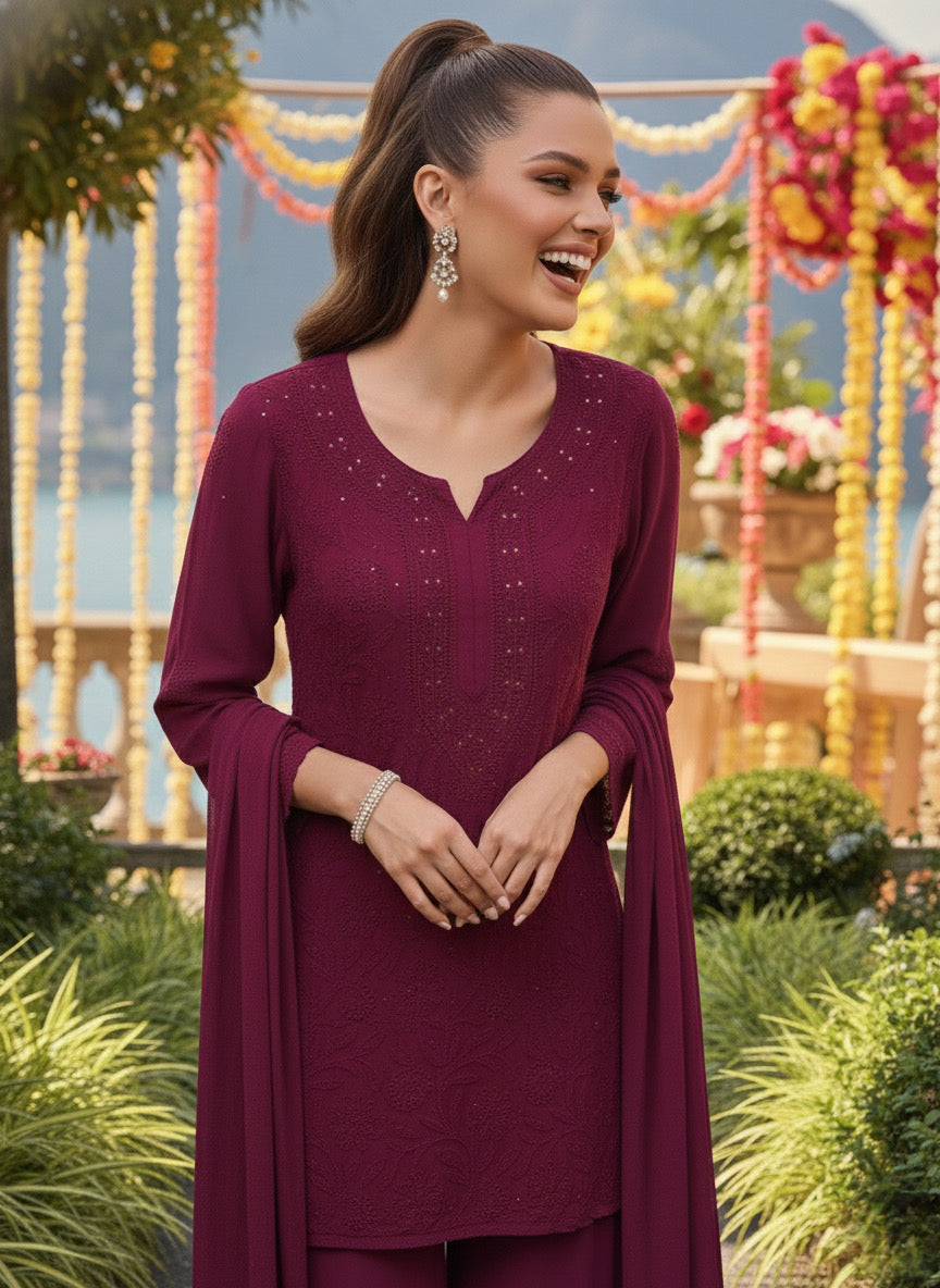 Mulled Wine Short Chikankari Kurta-Sharara Set