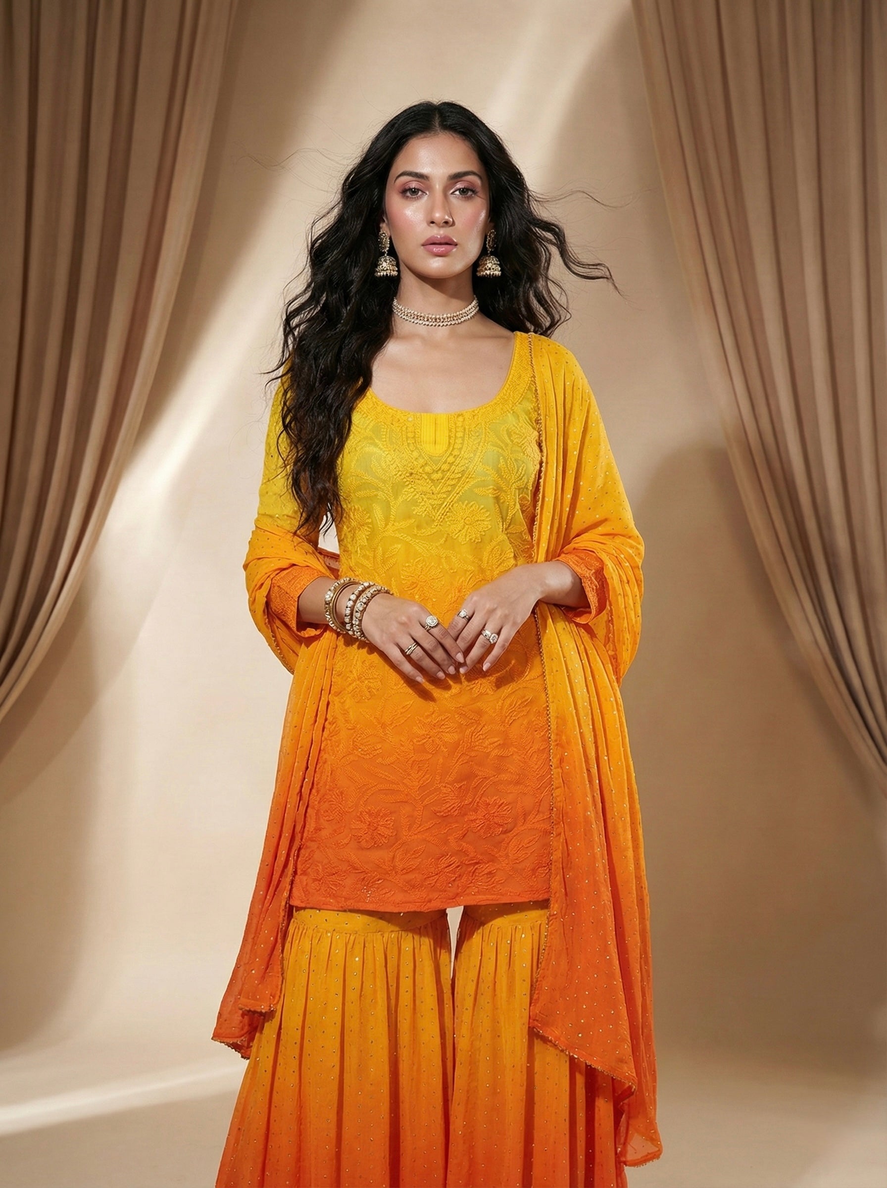 Tuscan Gold Mukaish Gharara Short Kurta Set (Set of 3)