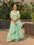 Malt Blue Chikankari Parsi Gara Anarkali Kurta Set (Set of 3)