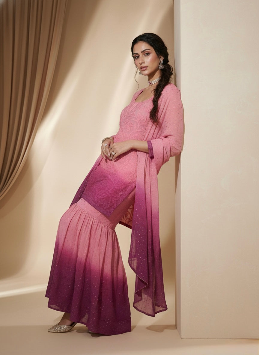 Florian Pink Mukaish Gharara Short Kurta Set (Set of 3)