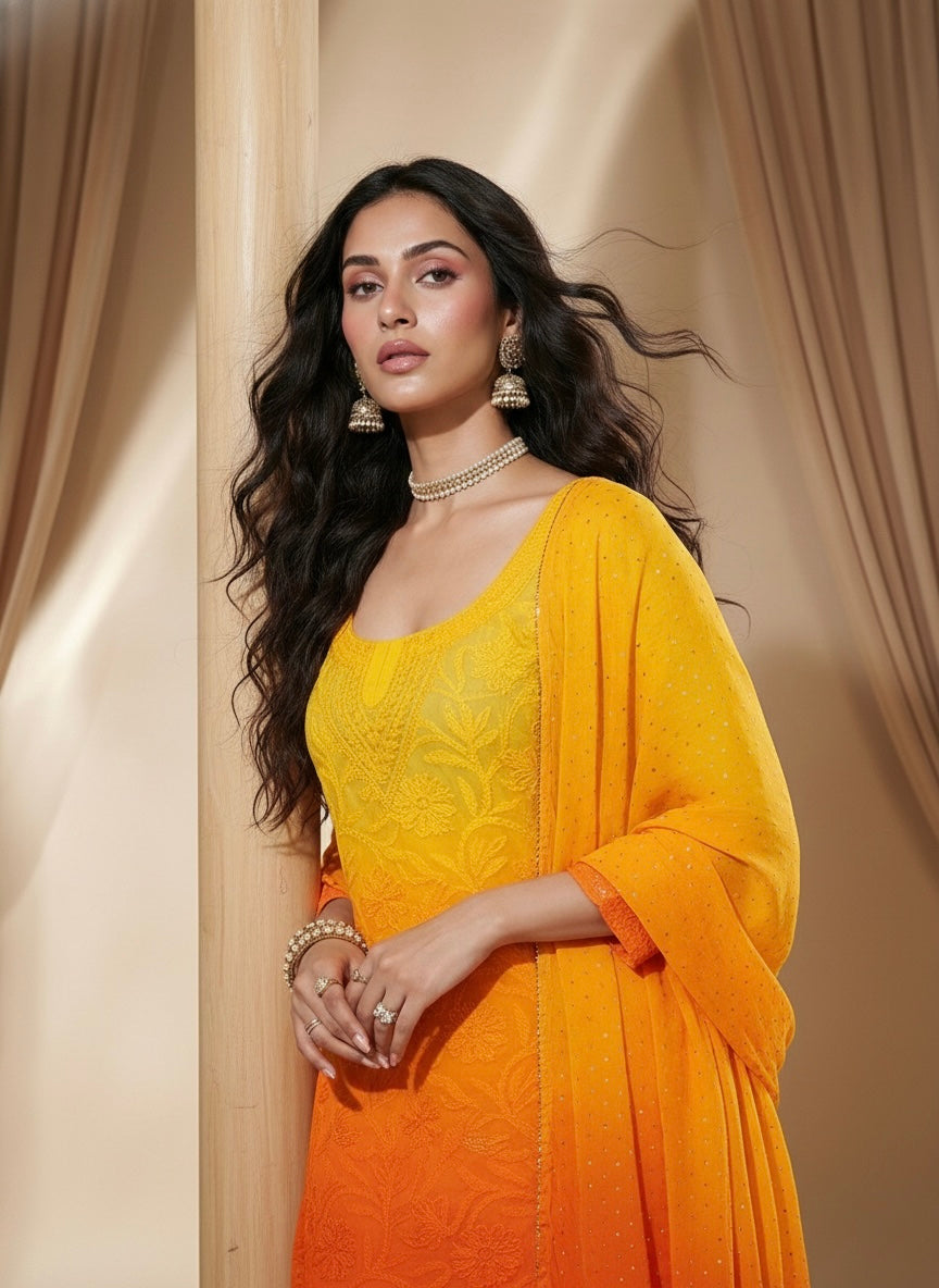 Tuscan Gold Mukaish Gharara Short Kurta Set (Set of 3)