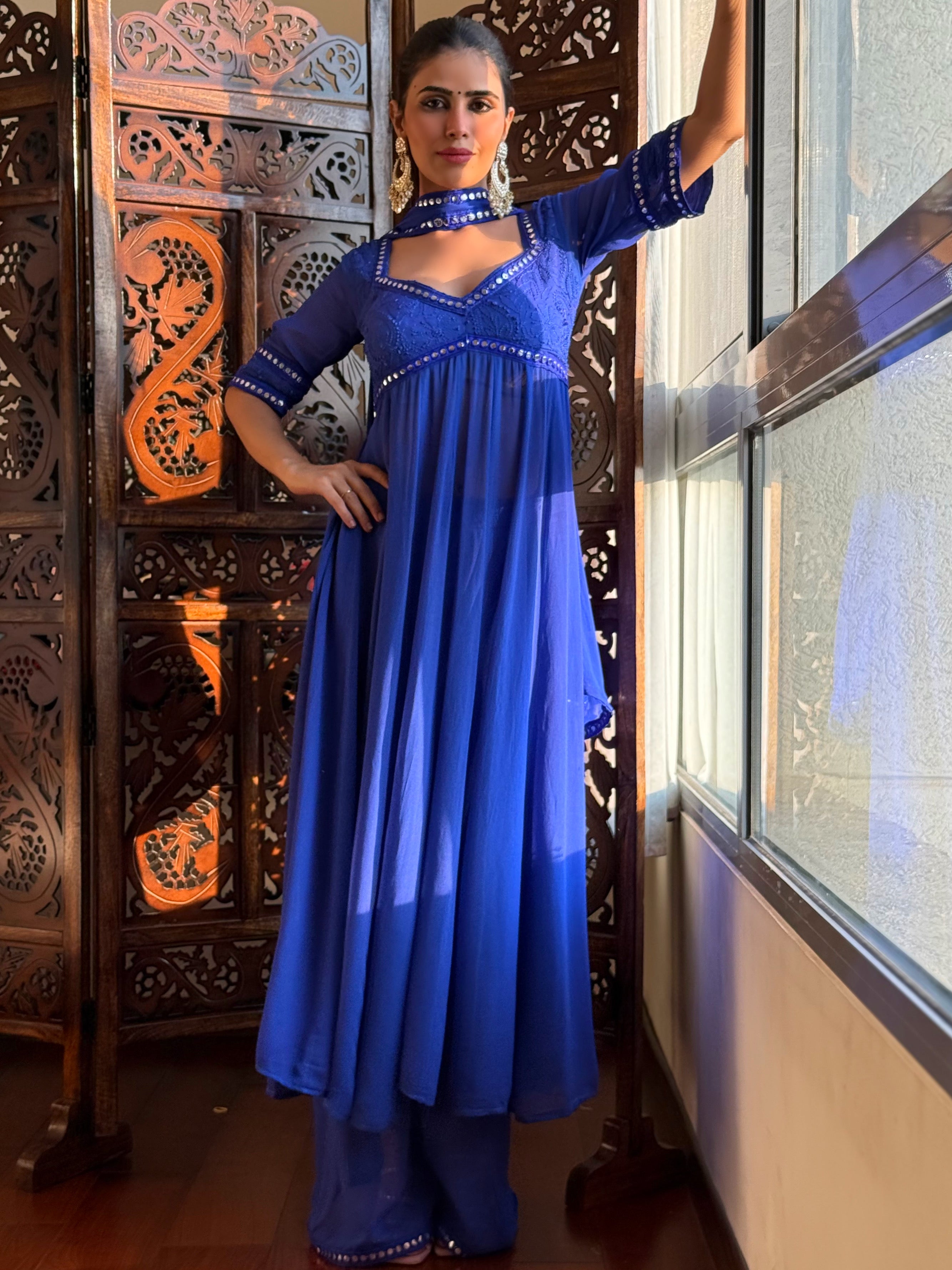Celestial Sapphire Chikankari & Mirror work Anarkali Kurta Set (set of 3)
