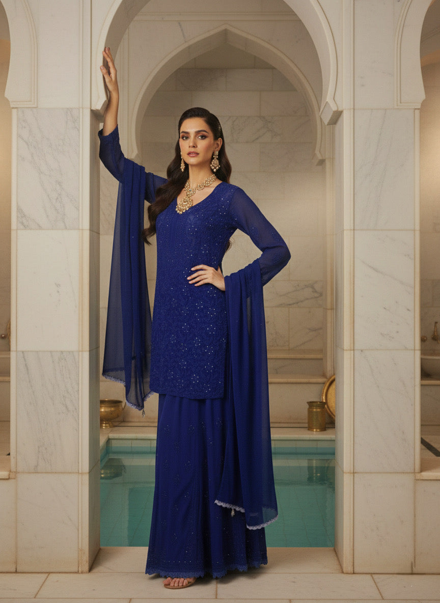 Turkish Blue Short Chikankari Kurta-Sharara Set