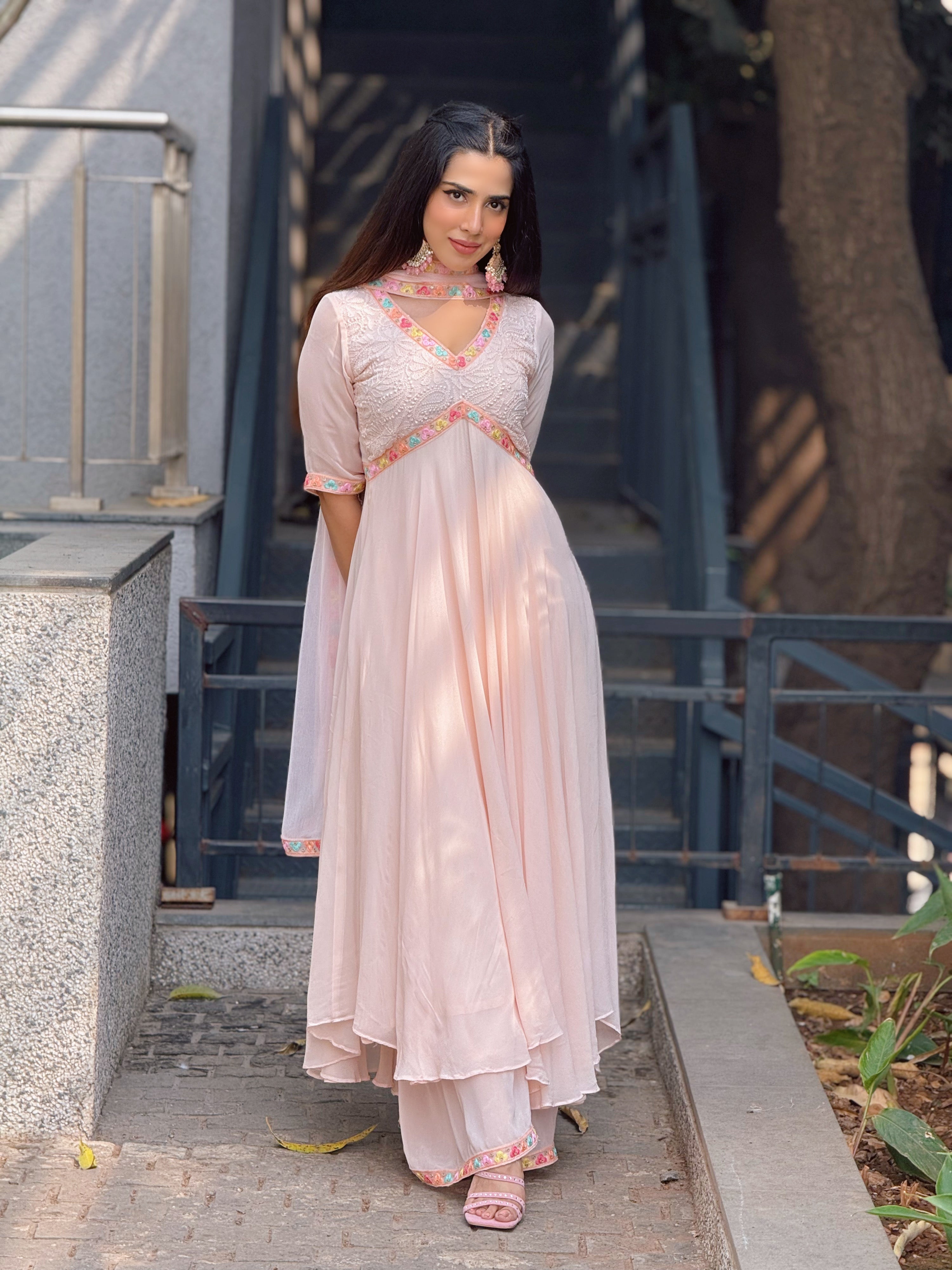 Muted Peach Chikankari Parsi Gara Anarkali Kurta Set (set of 3)
