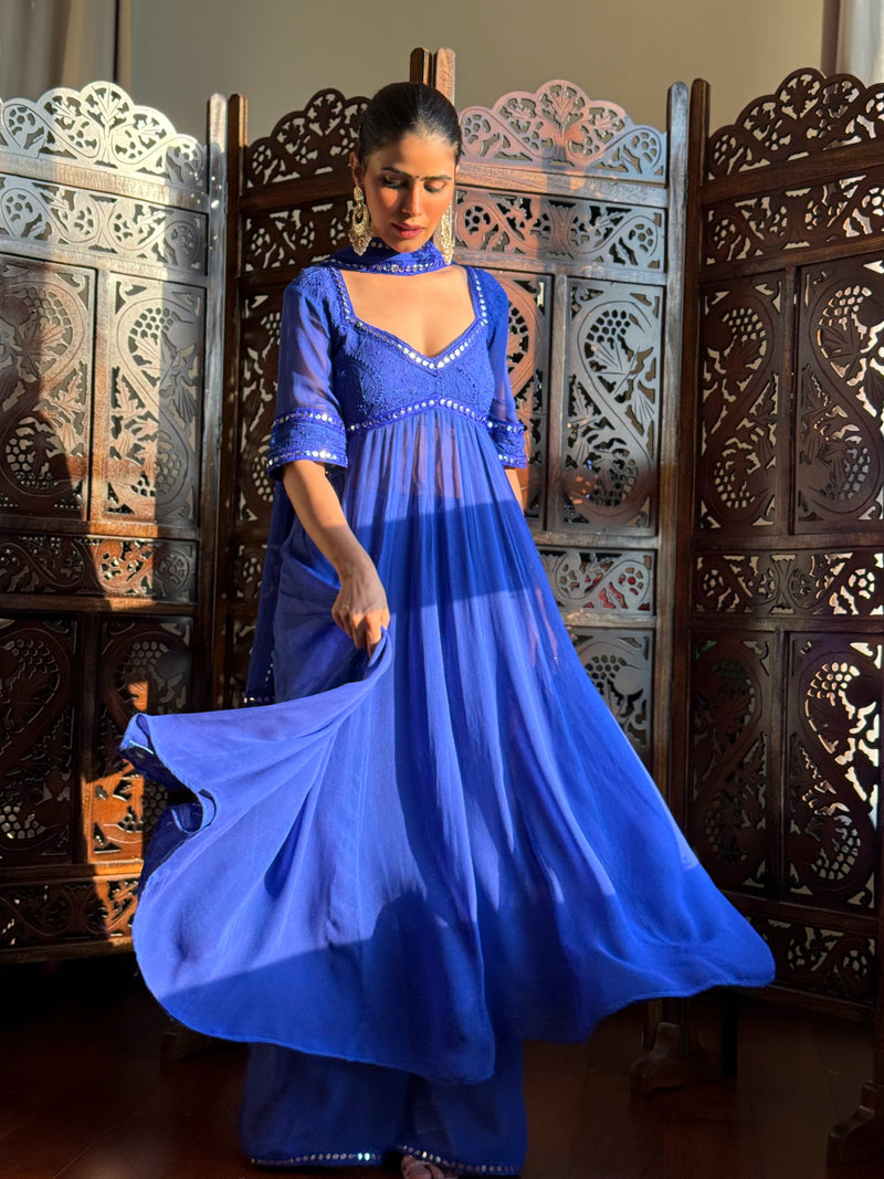 Celestial Sapphire Chikankari & Mirror work Anarkali Kurta Set (Set of 3)