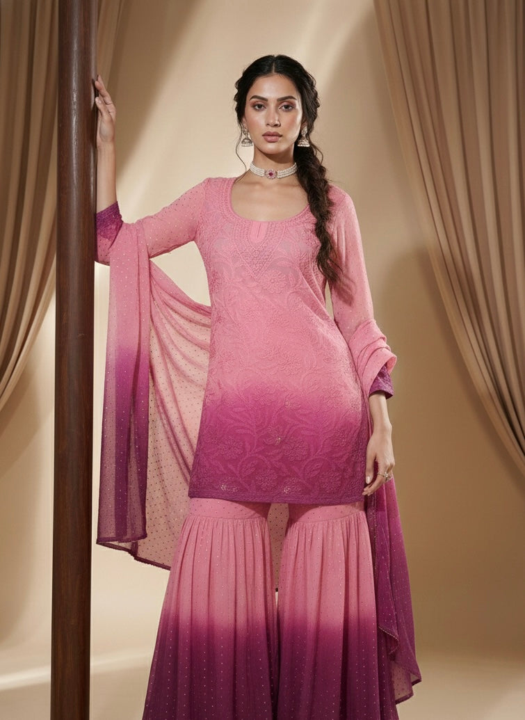 Florian Pink Mukaish Gharara Short Kurta Set (Set of 3)