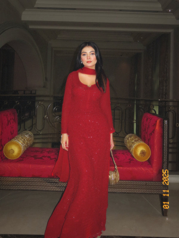 Forbidden Red Full Sleeves Chikankari Kurta Set (Set of 3)