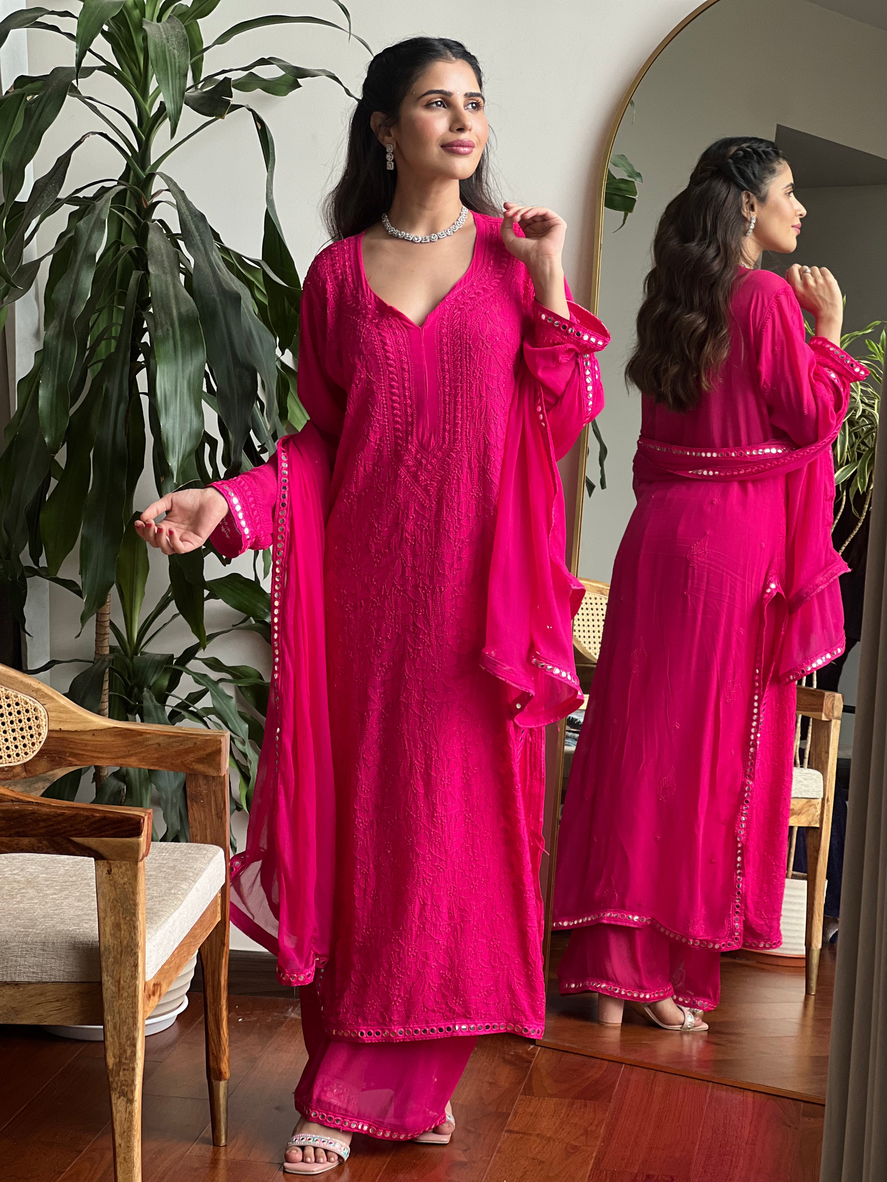 Verona pink Mirror Work Chikankari kurta (set of 3)