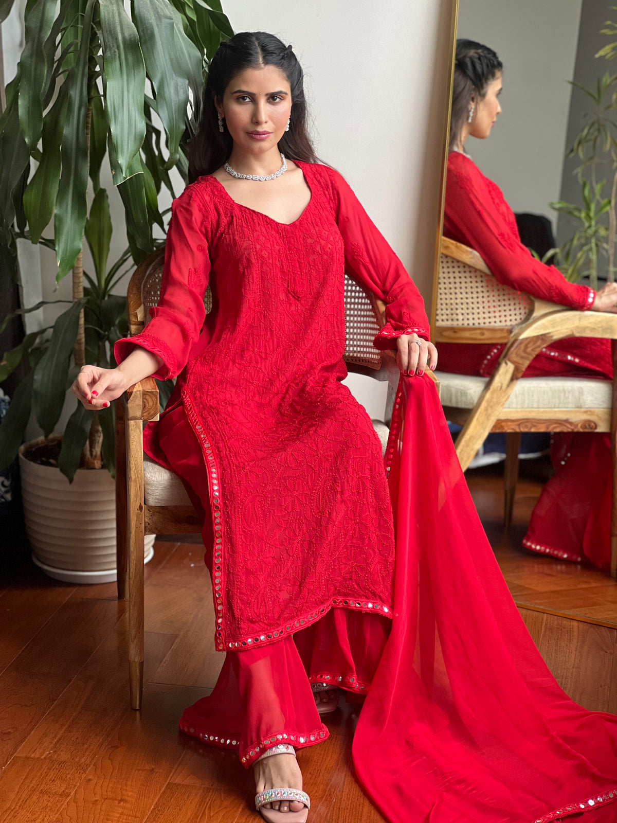 Mahogany Red Mirror Work Chikankari Kurta Set (set of 3)