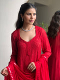 Mahogany Red Mirror Work Chikankari Kurta Set (set of 3)