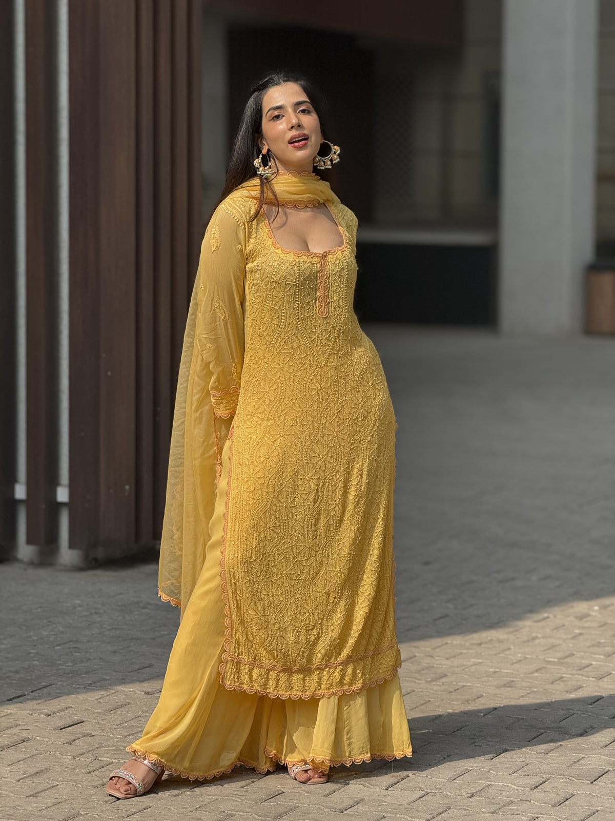Venetian Sunset Chikankari & Lace Kurta Set (set of 3)