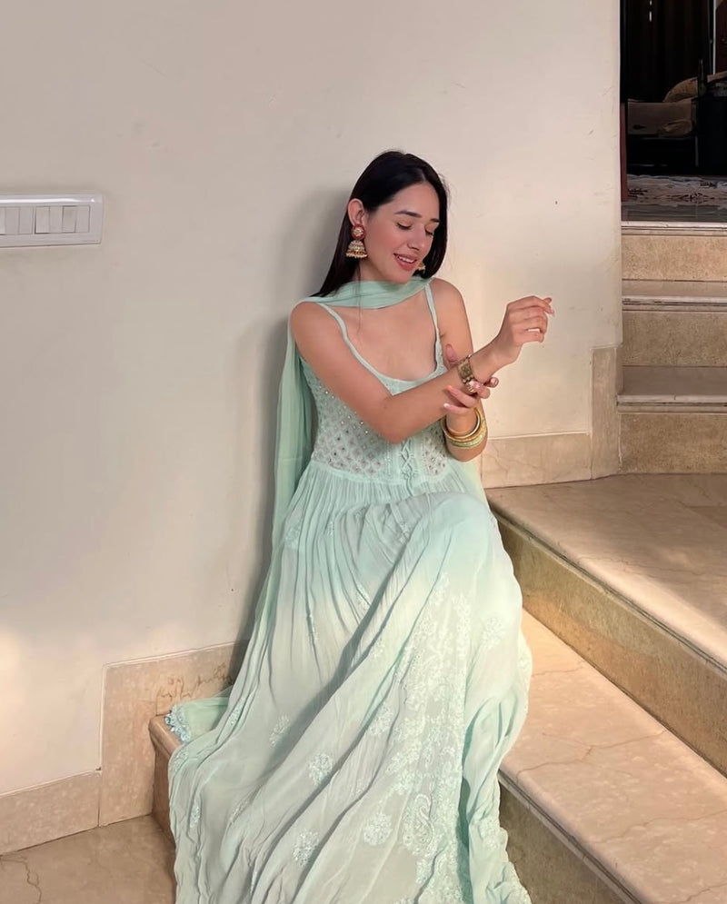 Sage Green Chikankari Anarkali Kurta Set (Set of 3)