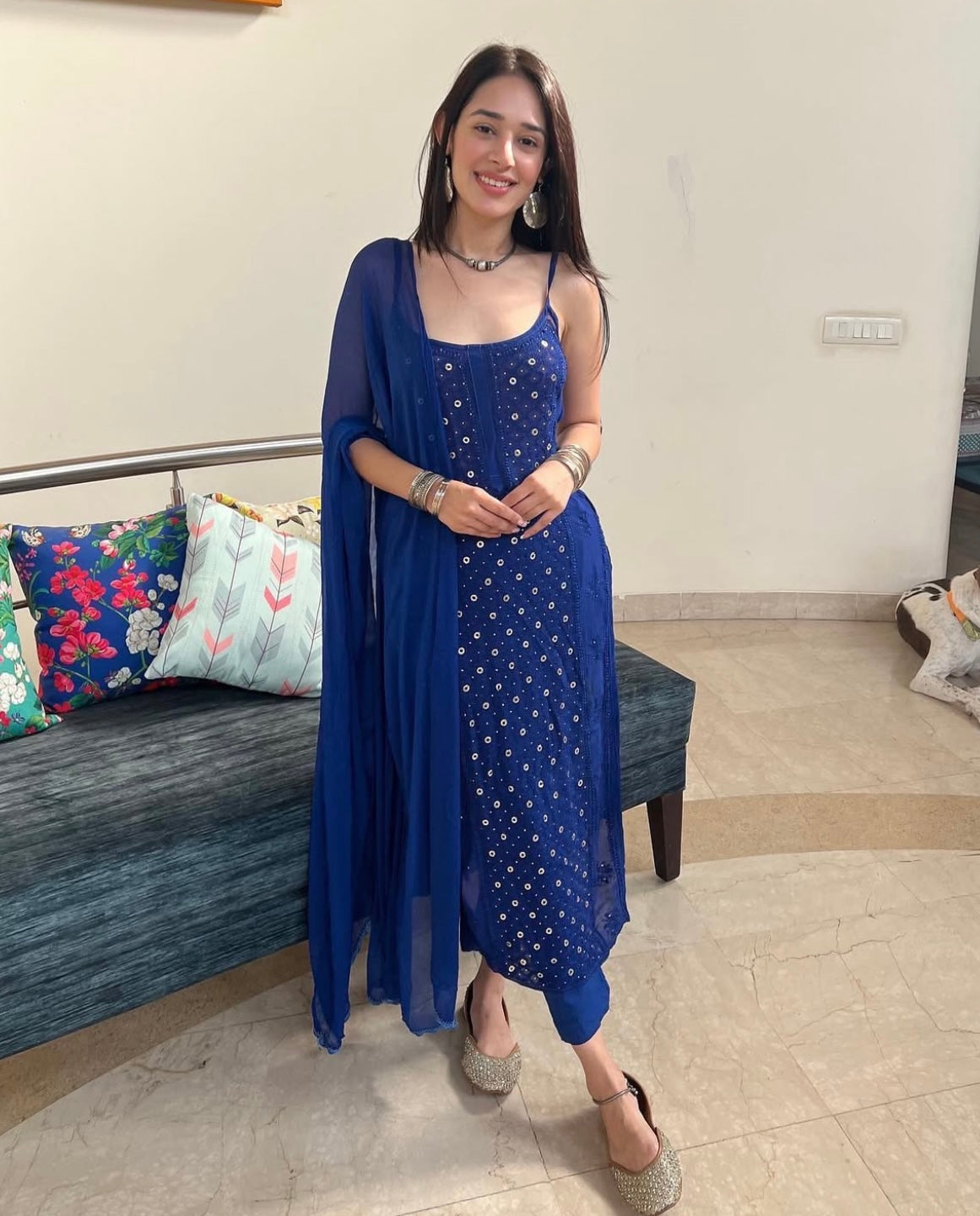 Azure Blue Ring Work Chikankari Kurta Set