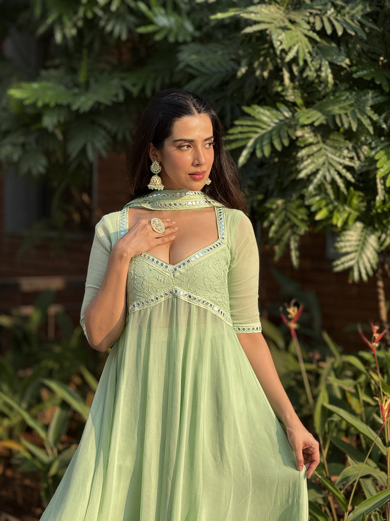 Jade Blossom Chikankari & mirror work Anarkali Kurta Set (set of 3)