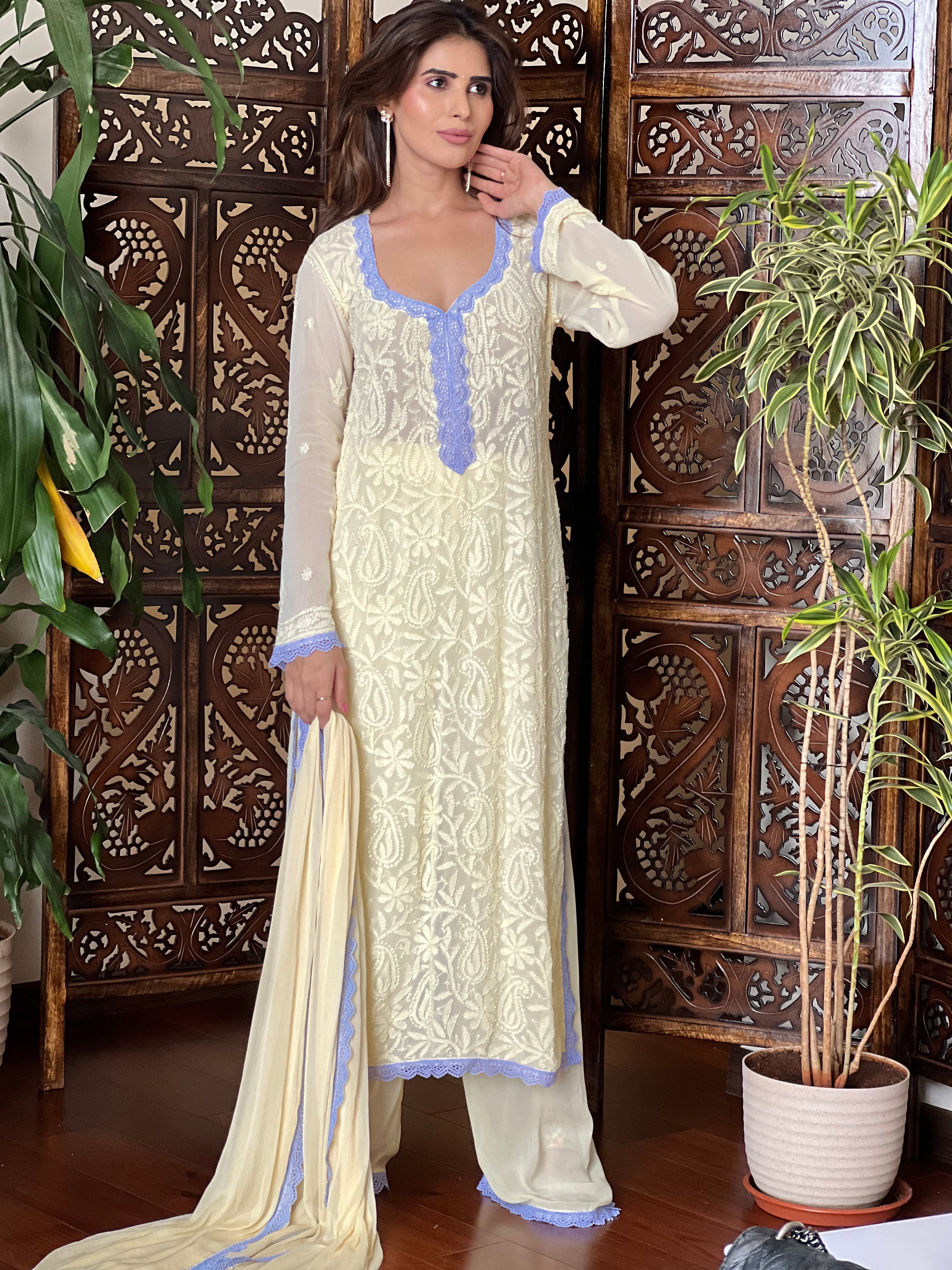 Aniyah butter yellow chikankari kurta (set of 3)