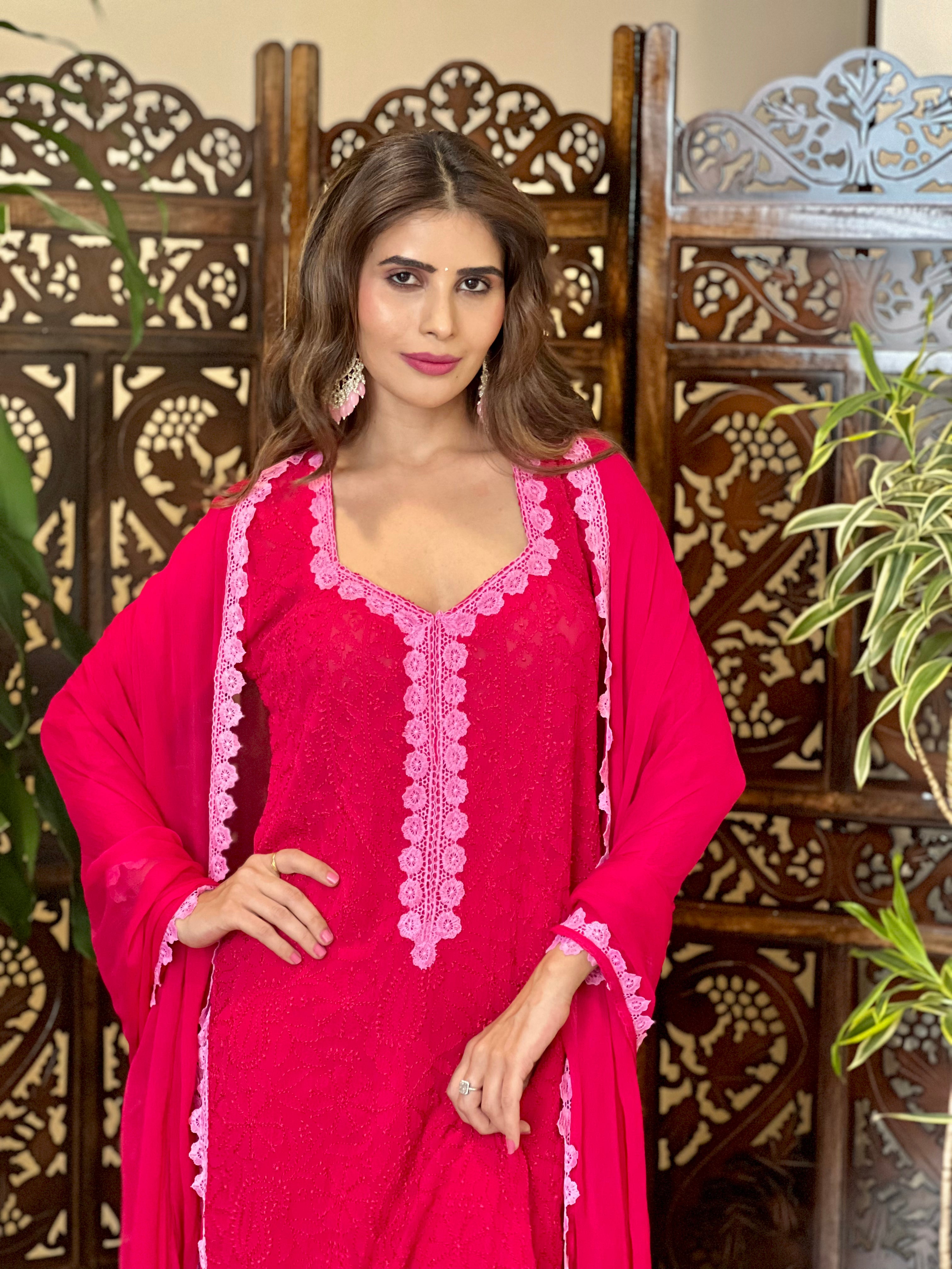 Sabrina Ice pink chikankari kurta (set of 3)