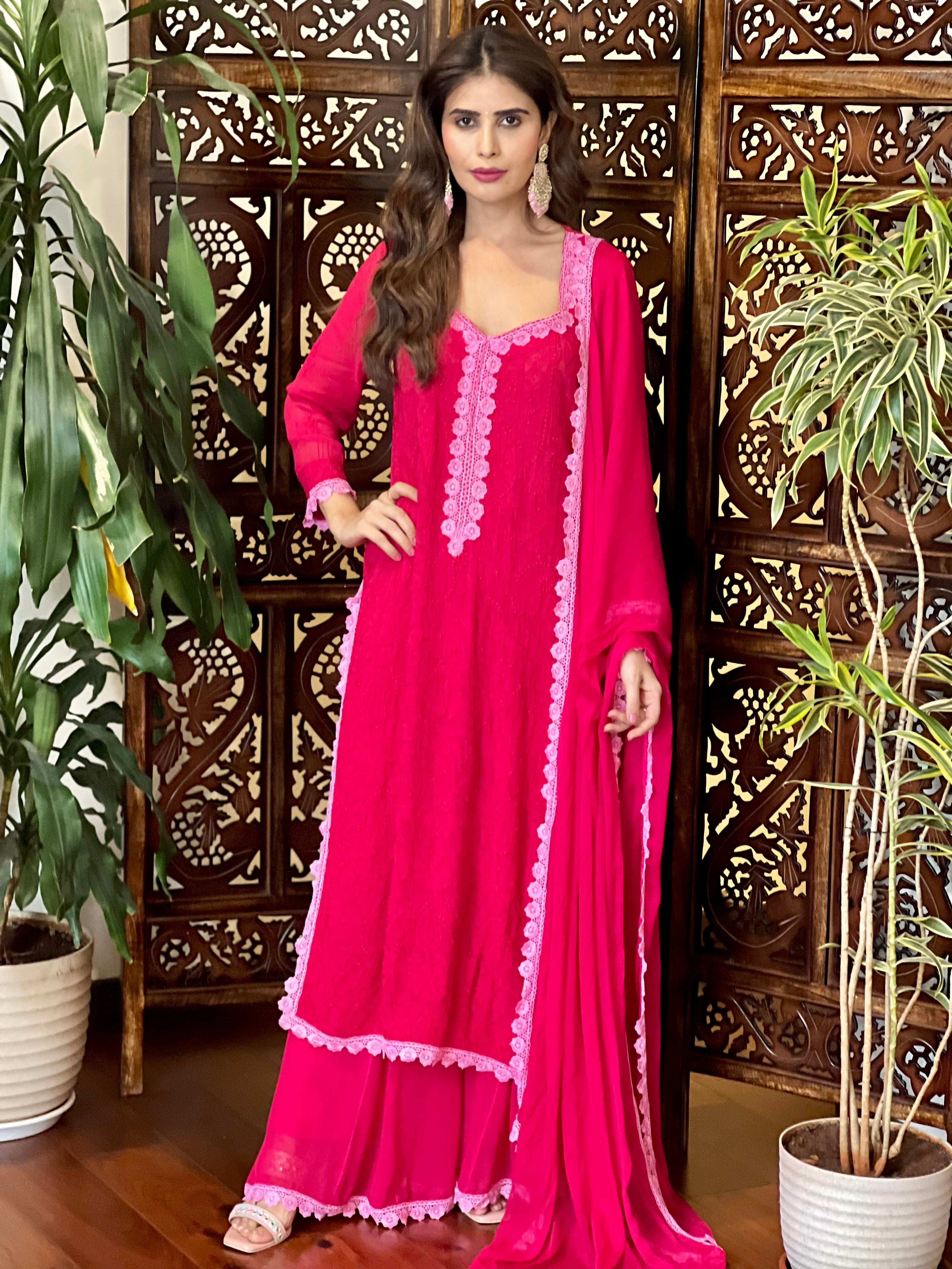 Sabrina Ice pink chikankari kurta (set of 3)