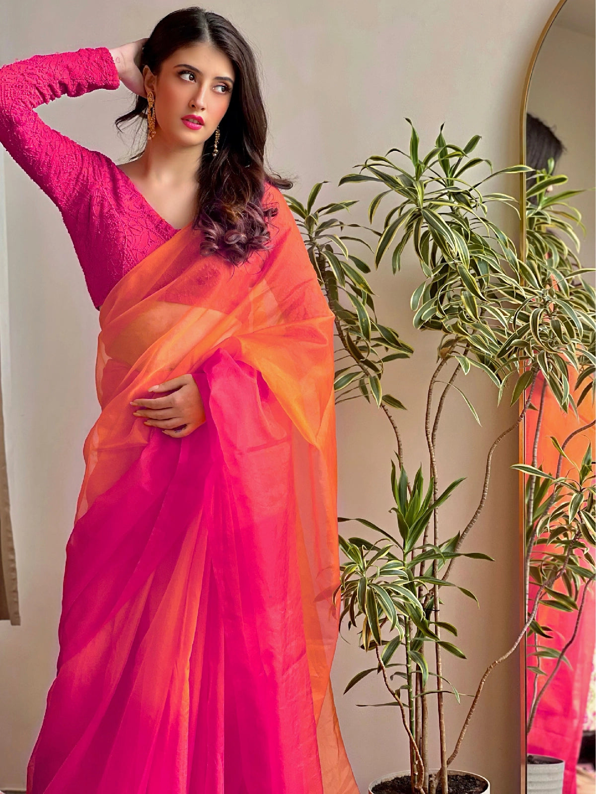 Aurora Pink ombré Saree with stitched blouse (set of 2)