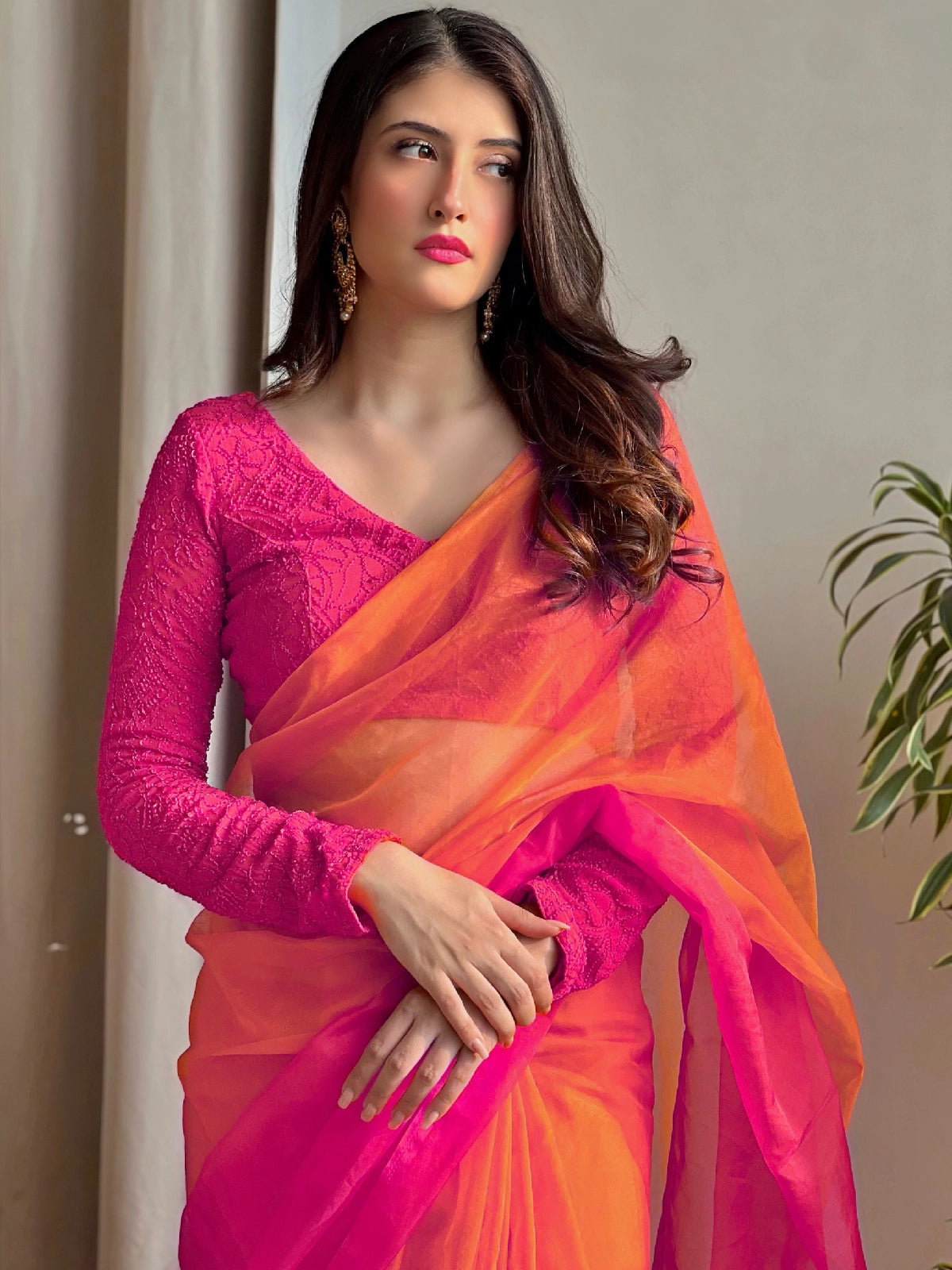 Aurora Pink ombré Saree with stitched blouse (set of 2)
