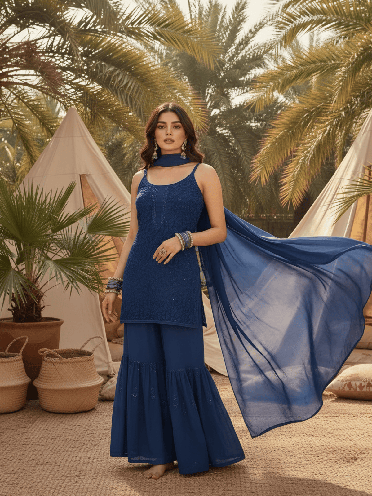 Mystic Blue Chikankari Gharara Set (Set of 3)