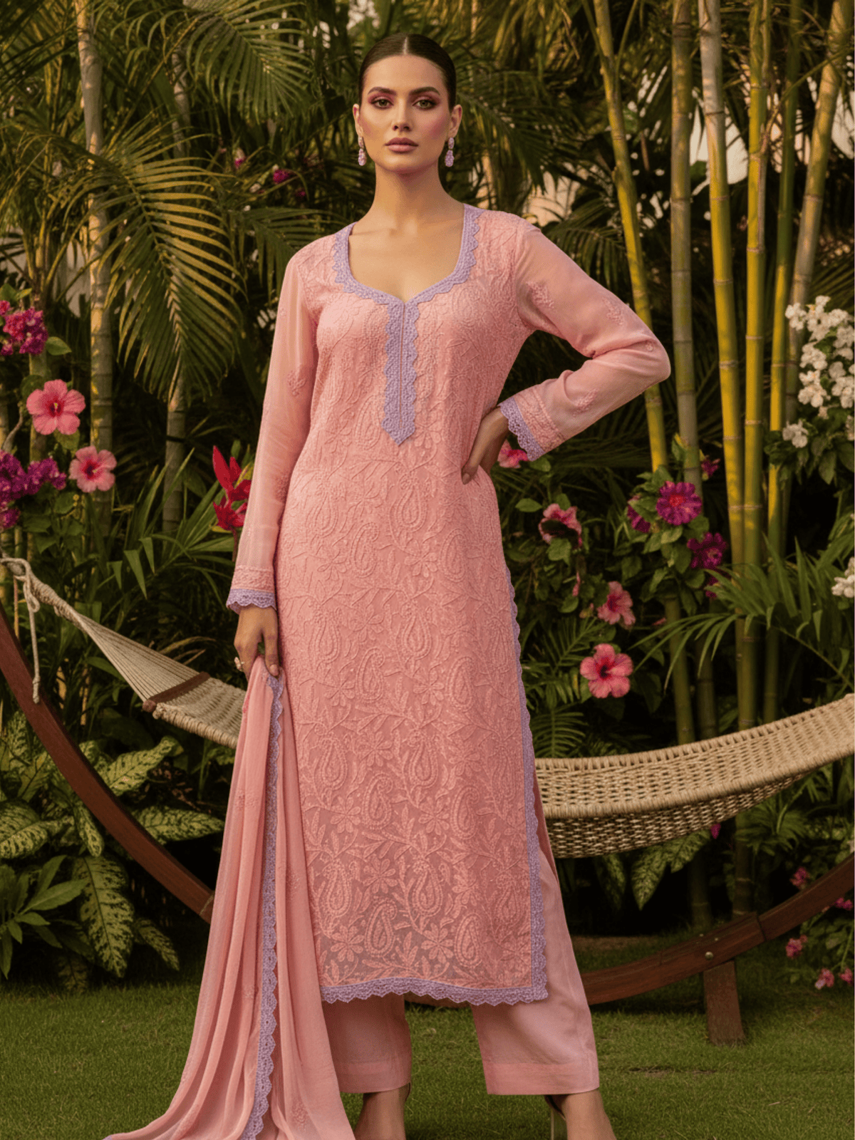 Elysia Pink Chikankari Kurta Set (Set of 3)