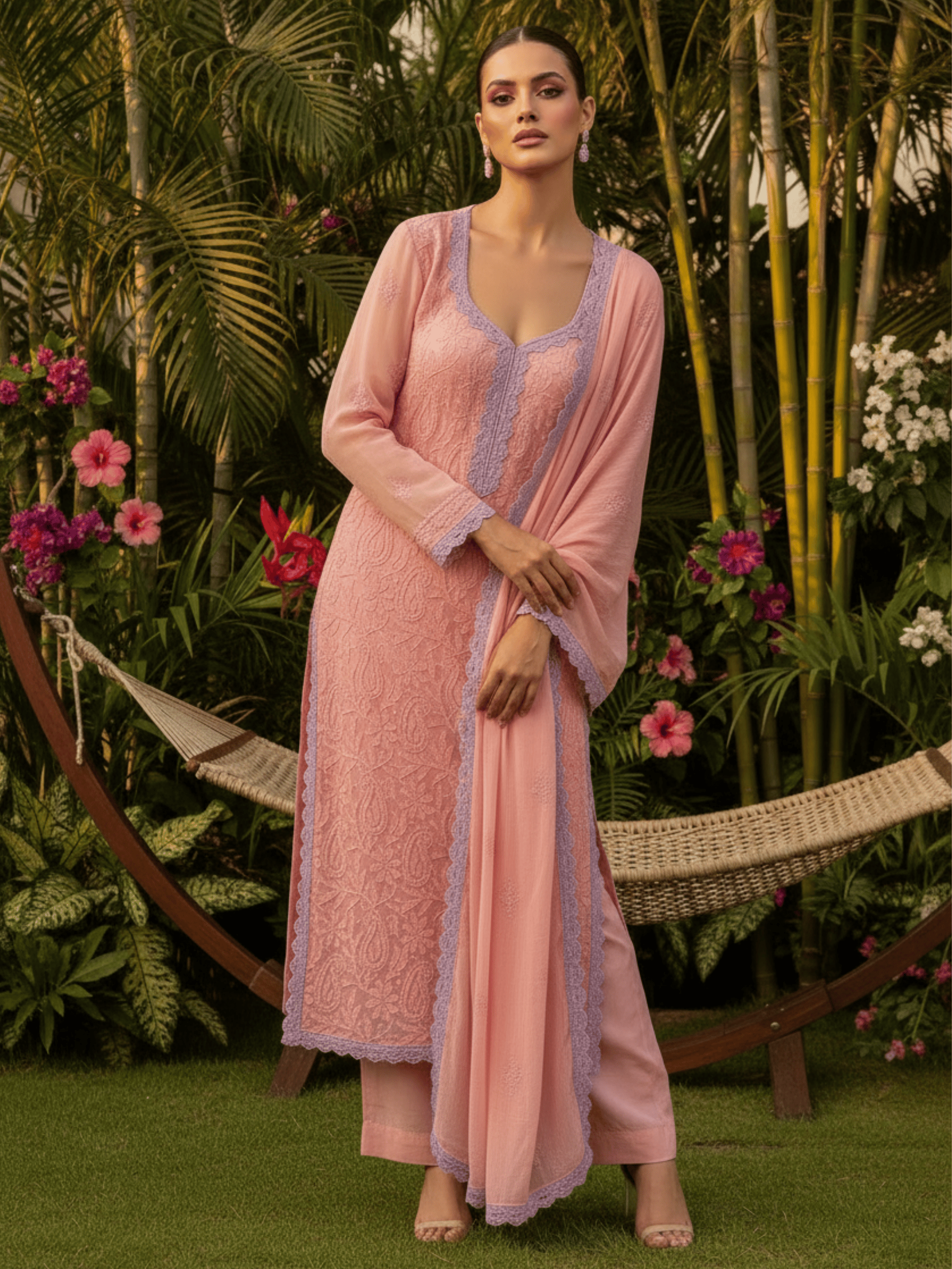 Elysia Pink Chikankari Kurta Set (Set of 3)