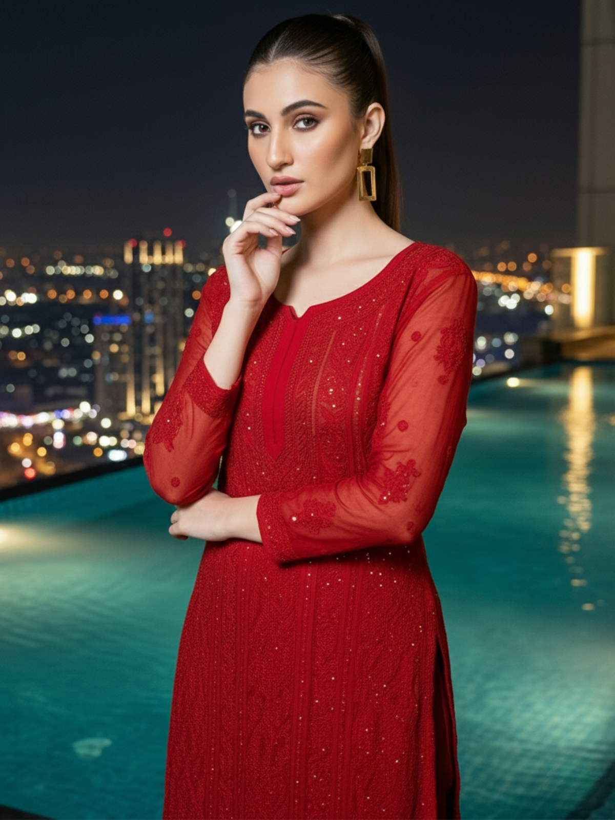 Forbidden Red Full Sleeves Chikankari Kurta