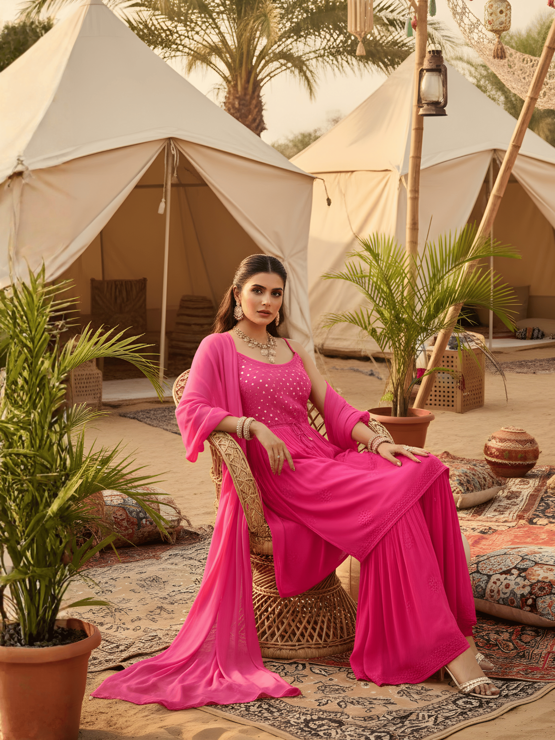 Blaze Pink Chikankari Gharara Set (Set of 3)