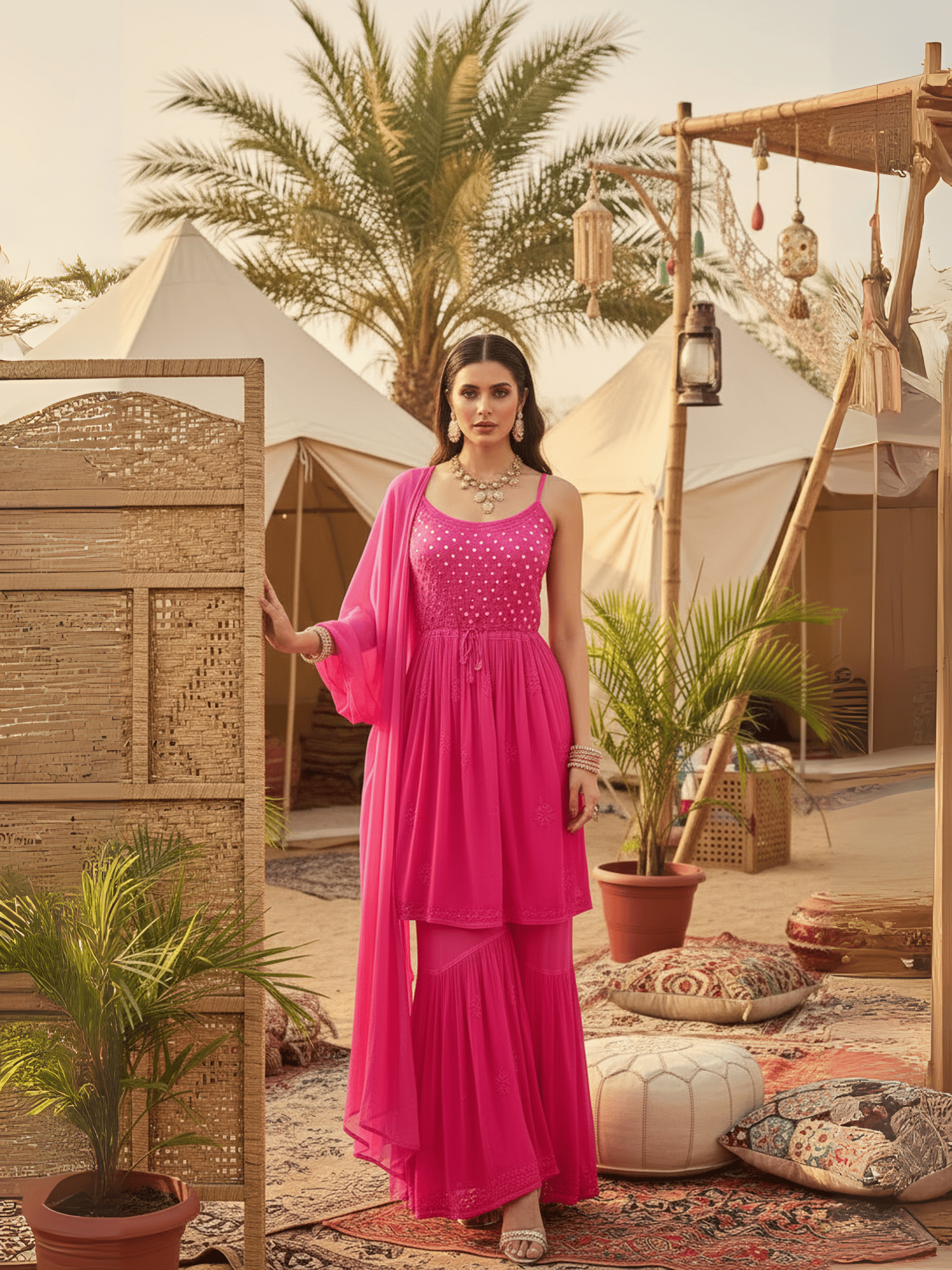 Blaze Pink Chikankari Gharara Set (Set of 3)