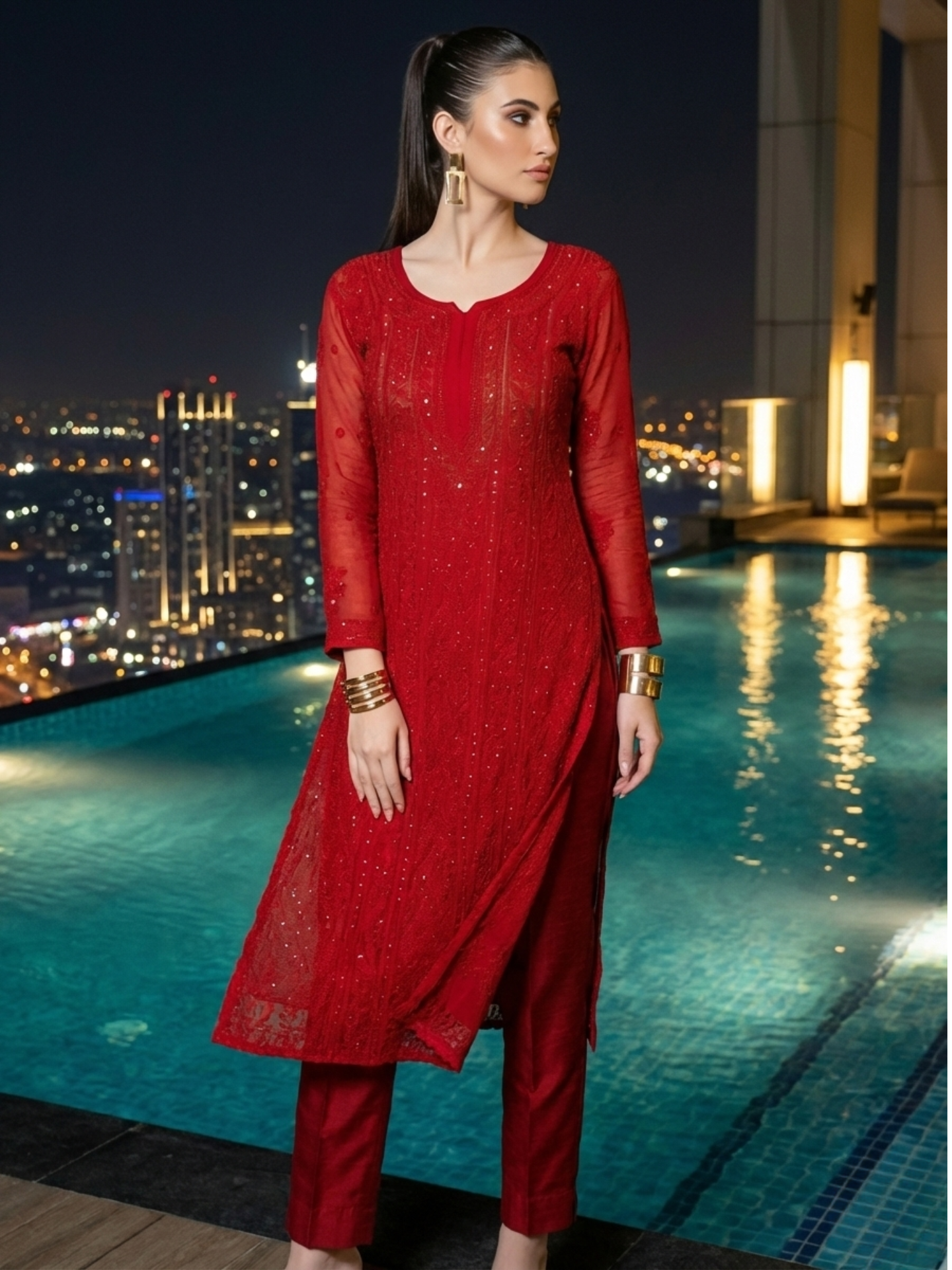 Forbidden Red Full Sleeves Chikankari Kurta