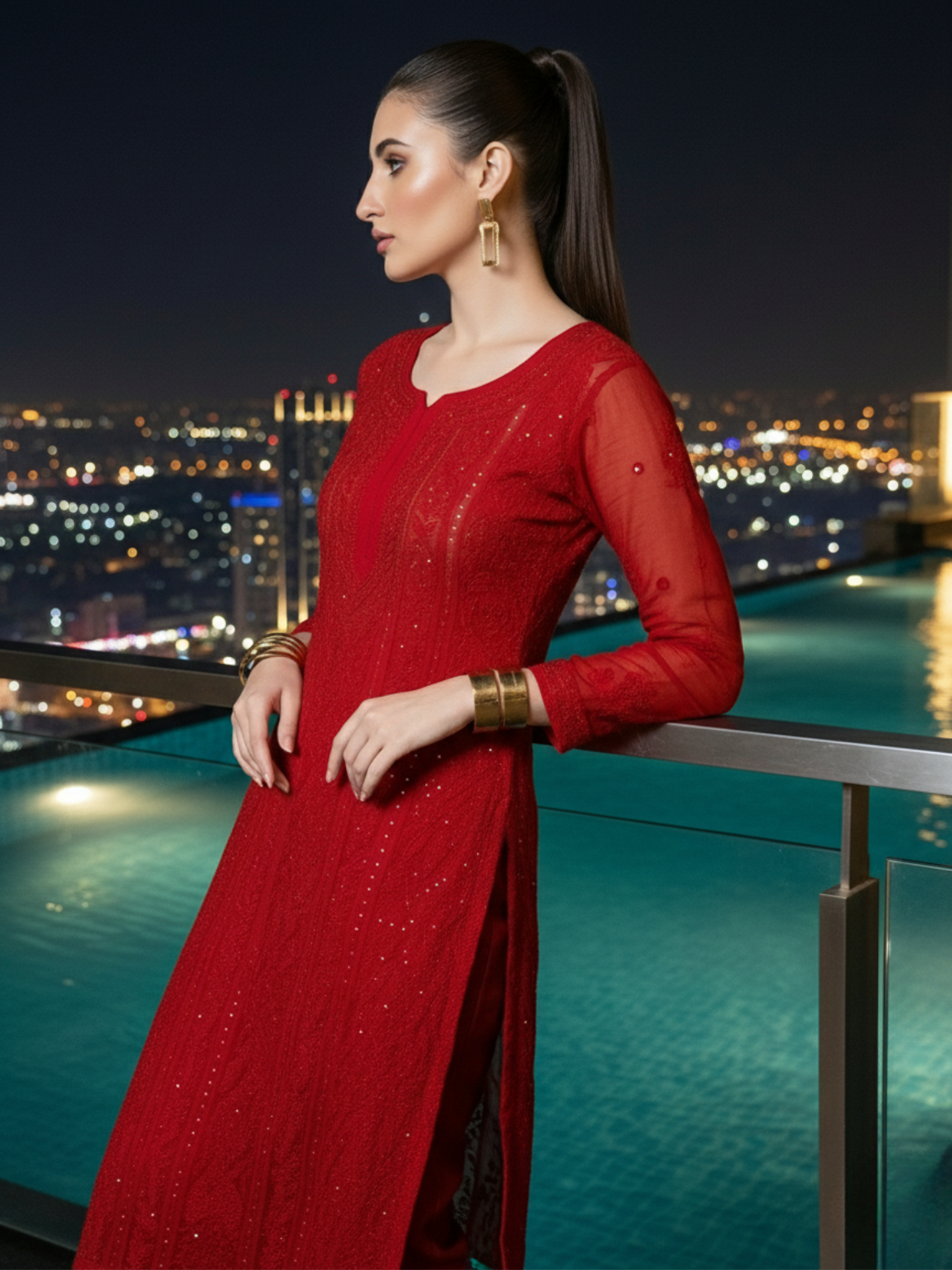 Forbidden Red Full Sleeves Chikankari Kurta