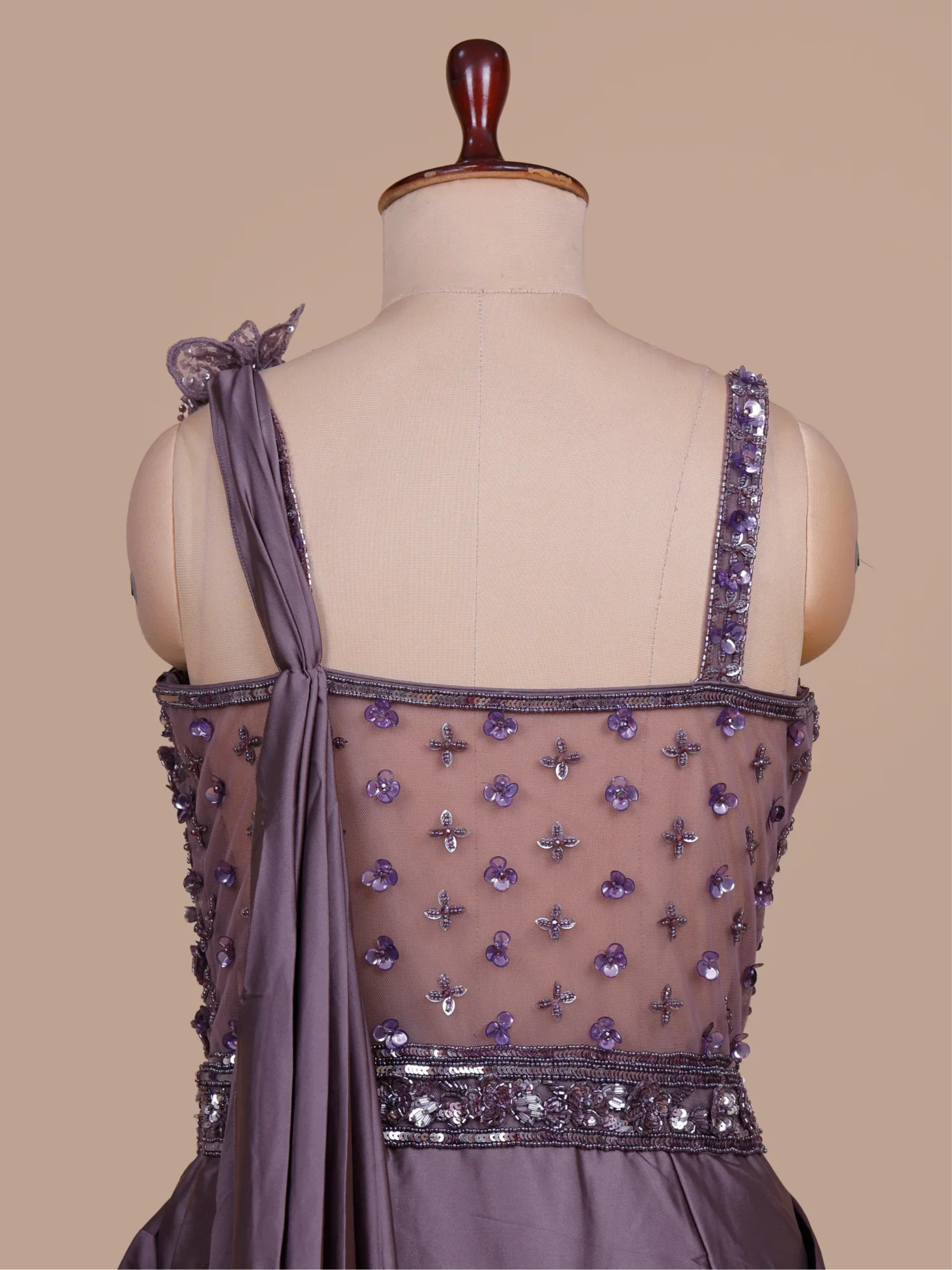Royal Purple Satin Silk Long Drape Saree & Embellished Blouse
