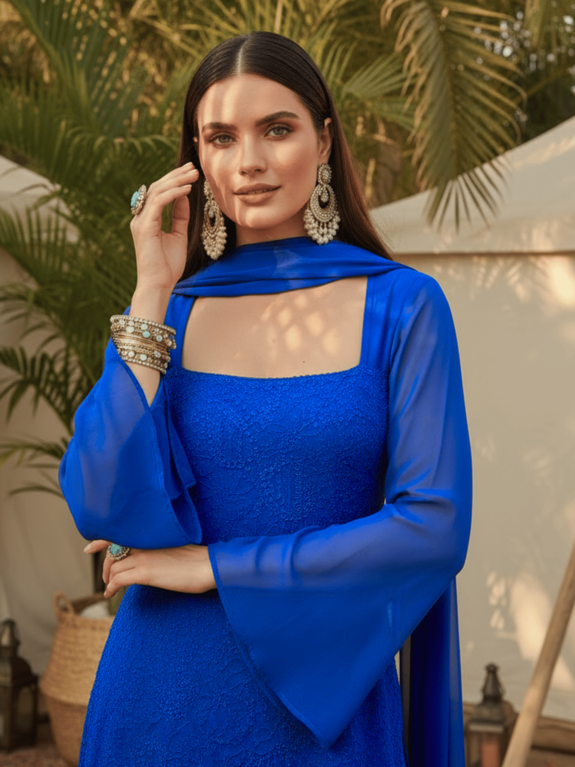 Berry Blue Chikankari Gharara Short Kurta Set (Set of 3)