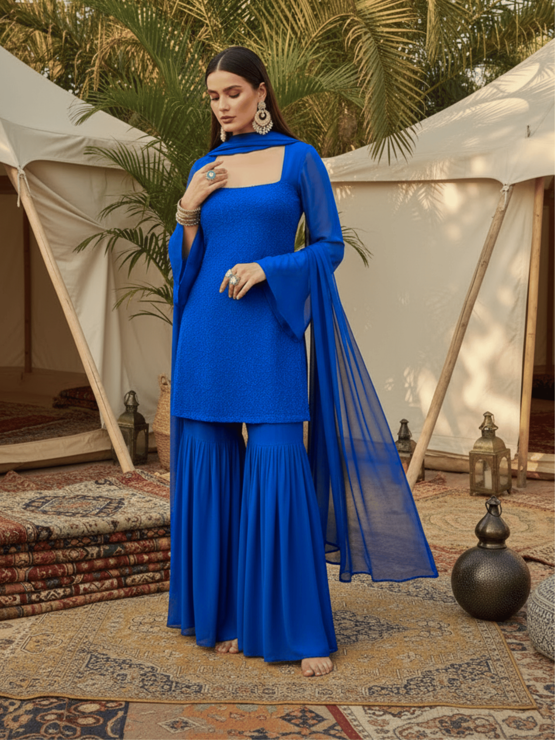Berry Blue Chikankari Gharara Short Kurta Set (Set of 3)