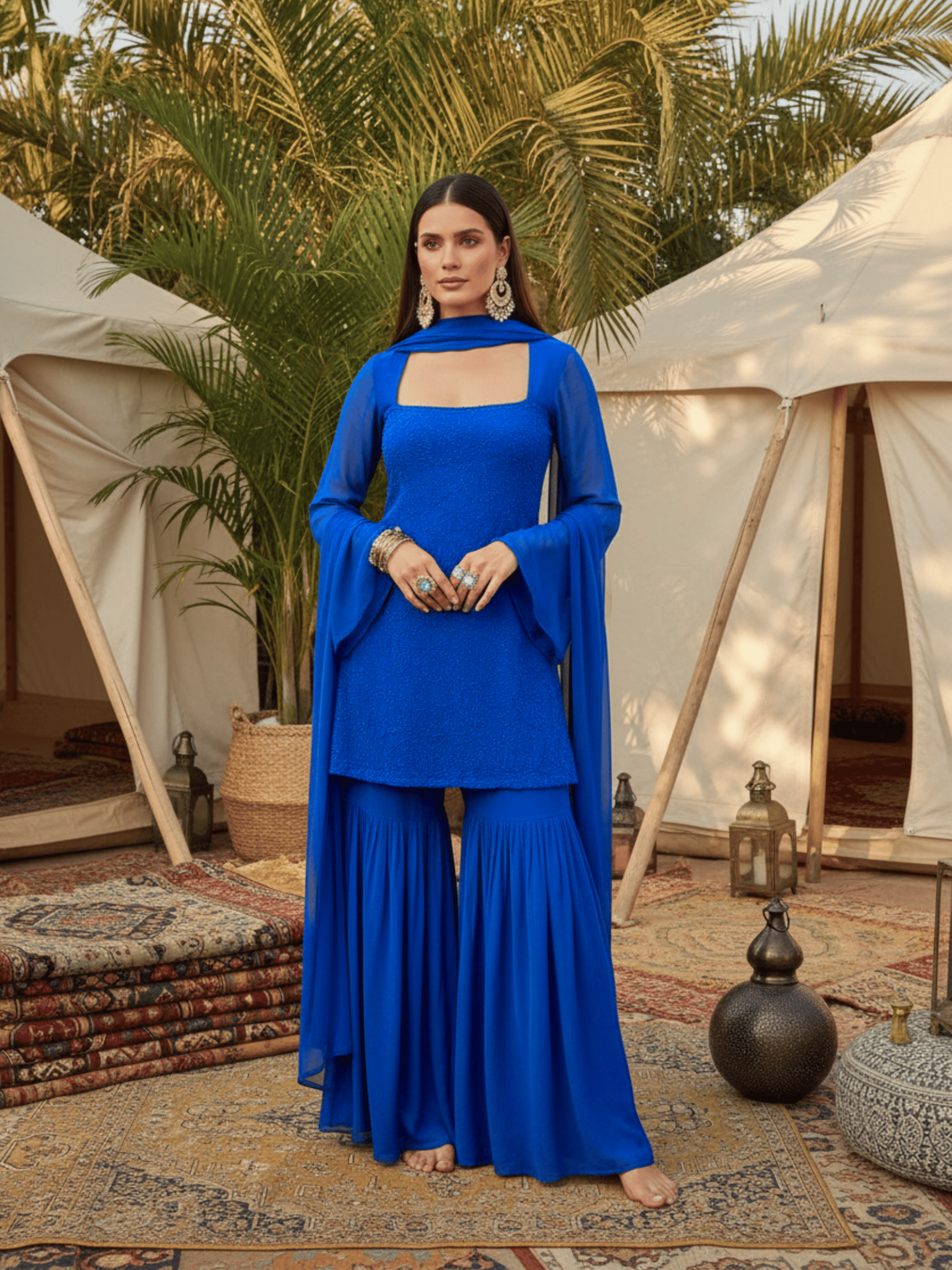 Berry Blue Chikankari Gharara Short Kurta Set (Set of 3)