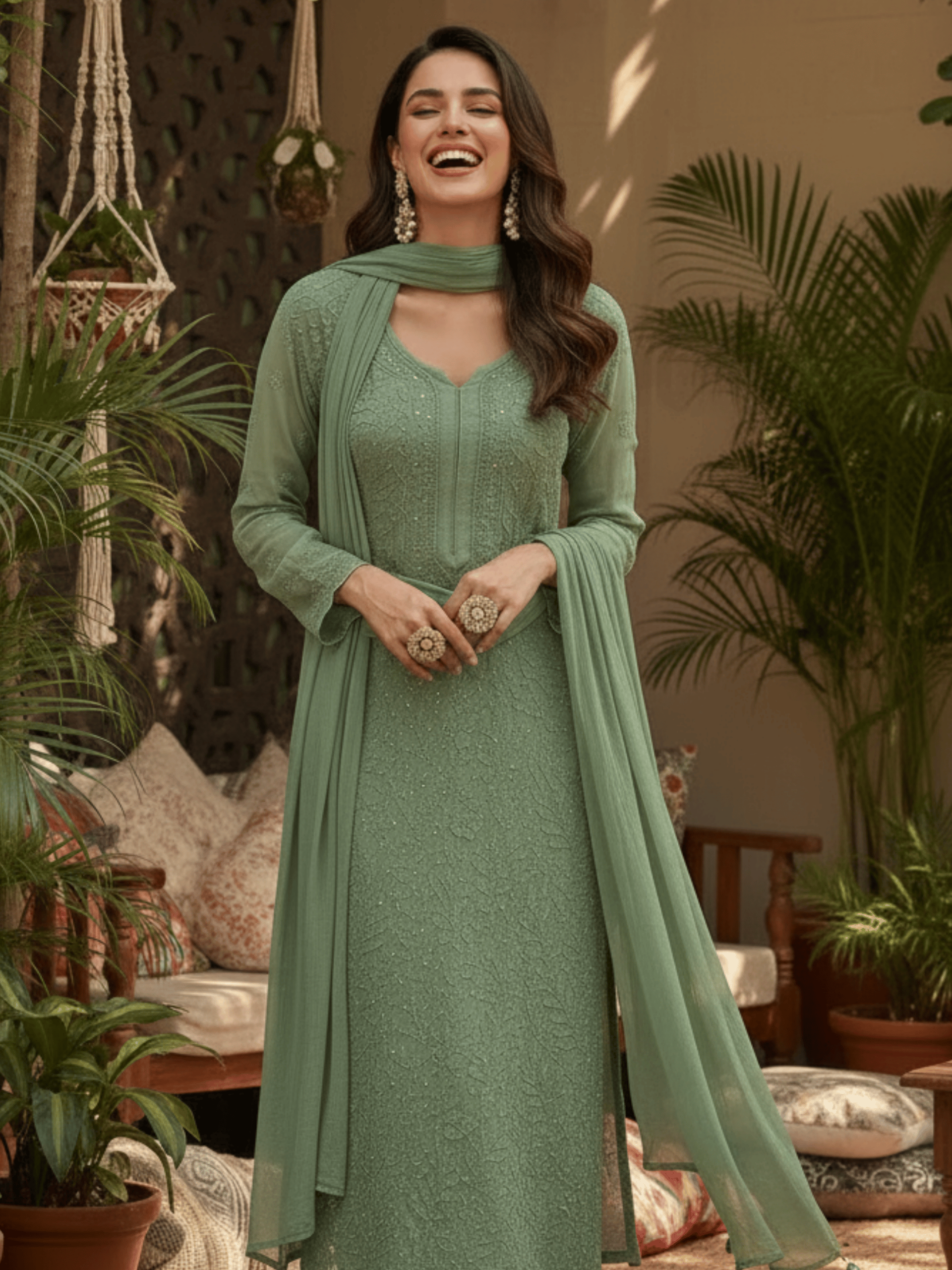 Sage Whisper Full Sleeves Chikankari Kurta Set (Set of 3)