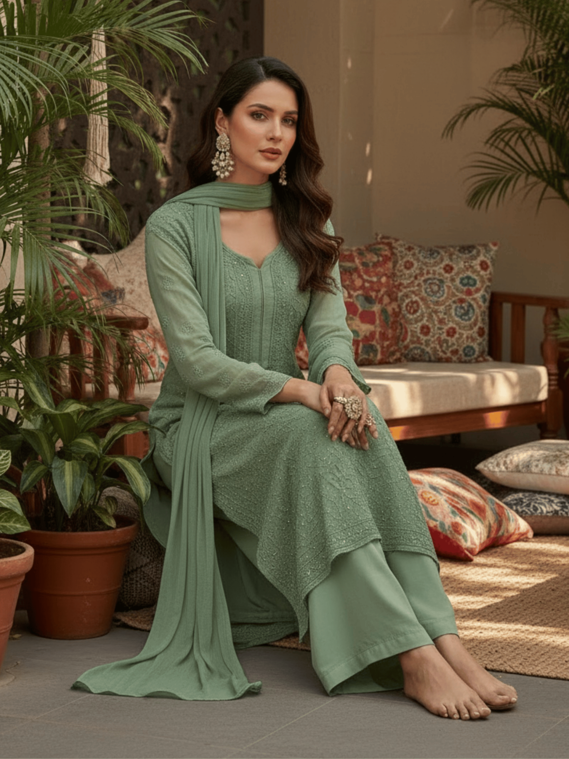 Sage Whisper Full Sleeves Chikankari Kurta Set (Set of 3)