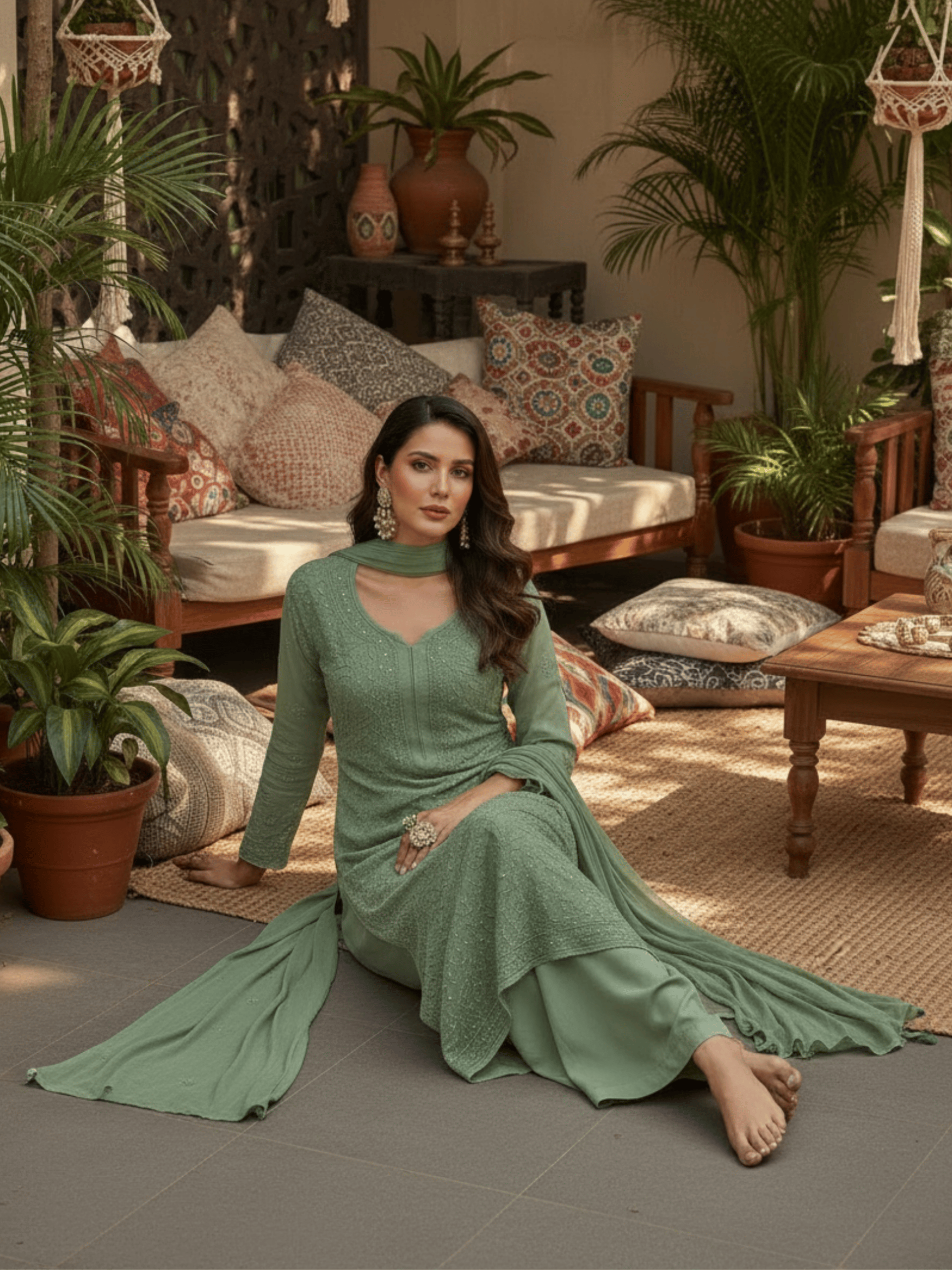 Sage Whisper Full Sleeves Chikankari Kurta Set (Set of 3)