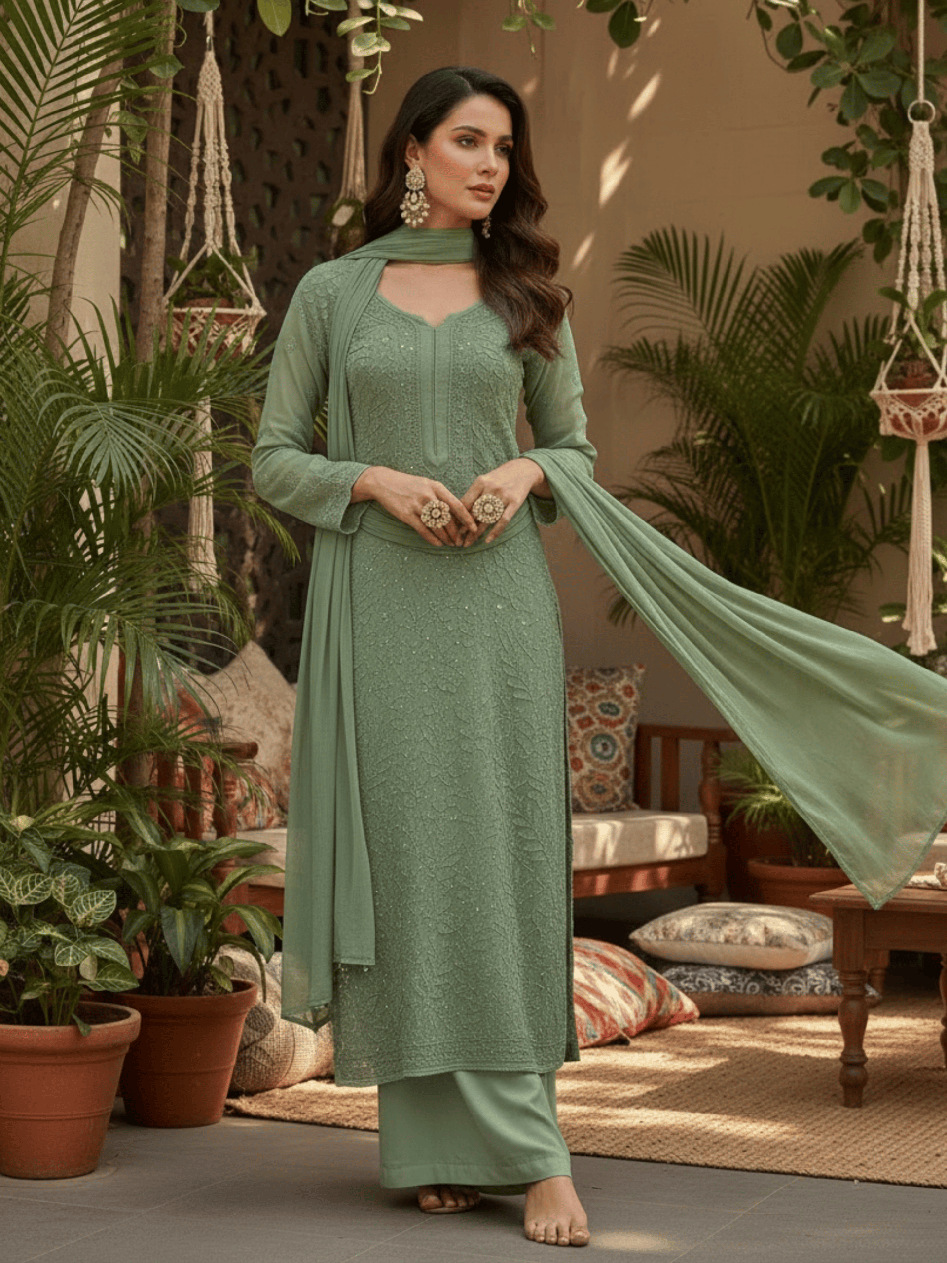 Sage Whisper Full Sleeves Chikankari Kurta Set (Set of 3)