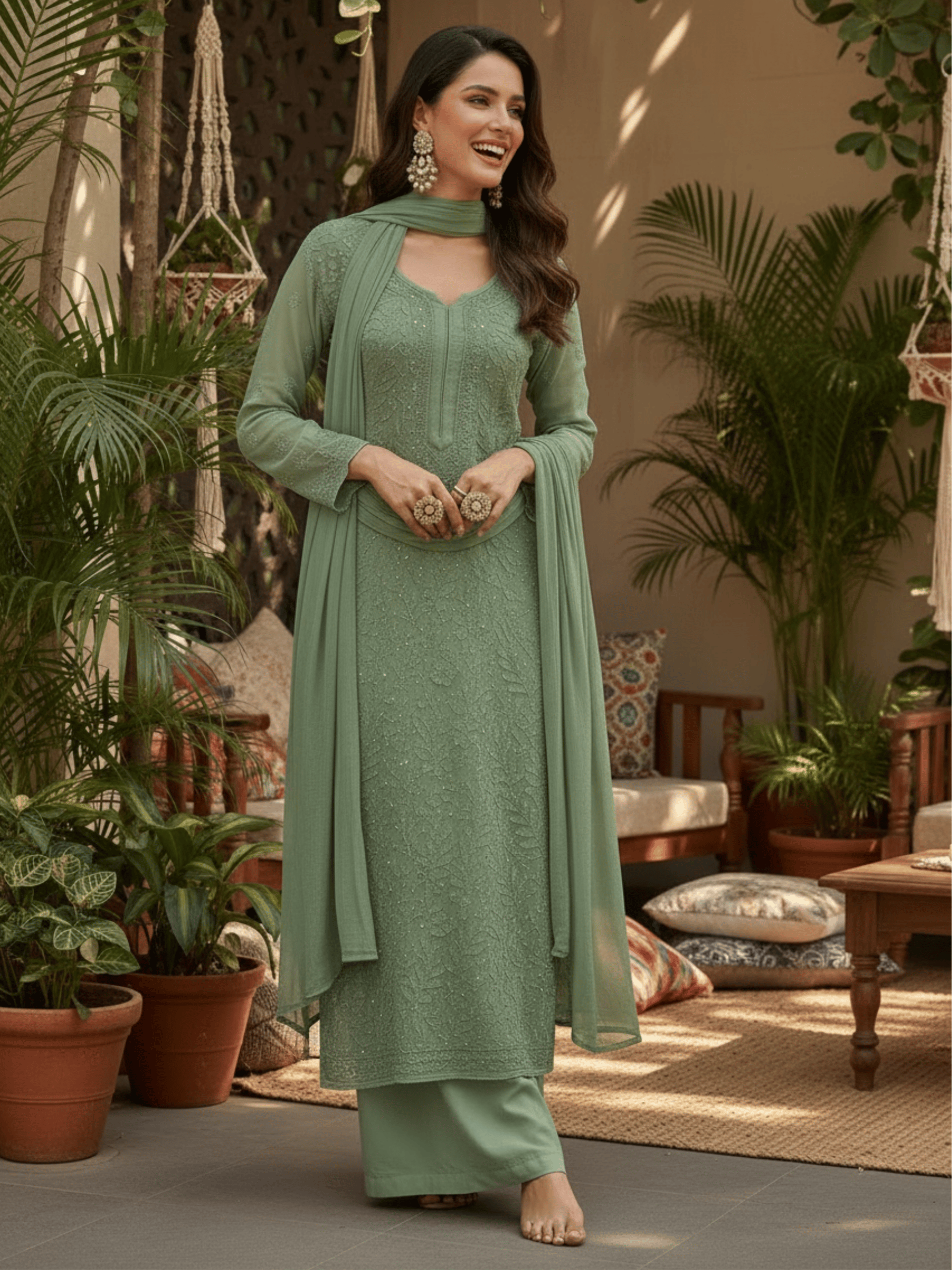 Sage Whisper Full Sleeves Chikankari Kurta Set (Set of 3)