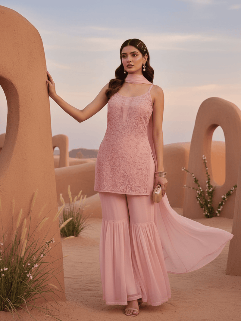 Boho Blush Chikankari Gharara Set  (Set of 3)