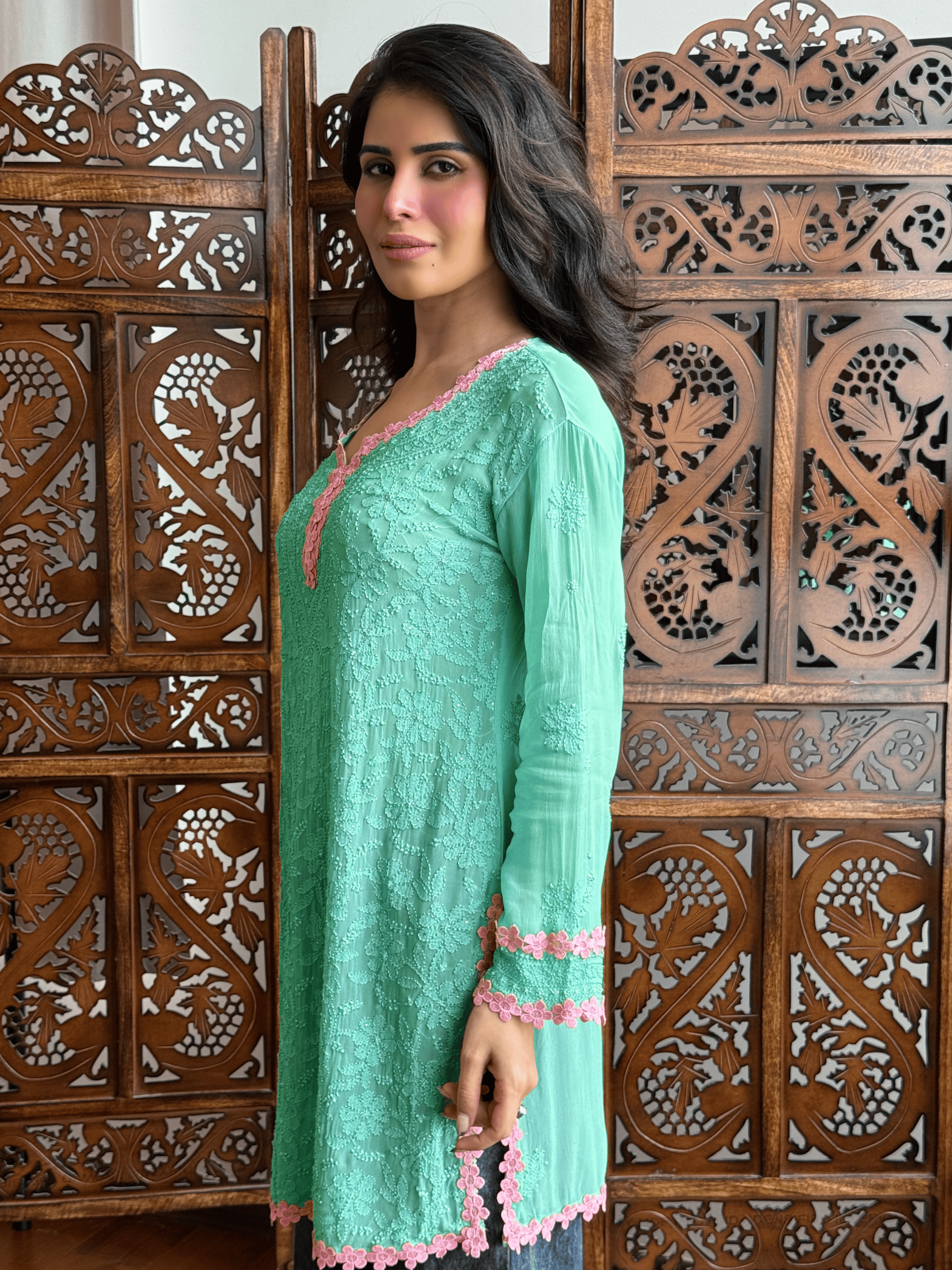 Mint Rosé Chikankari Short Kurta